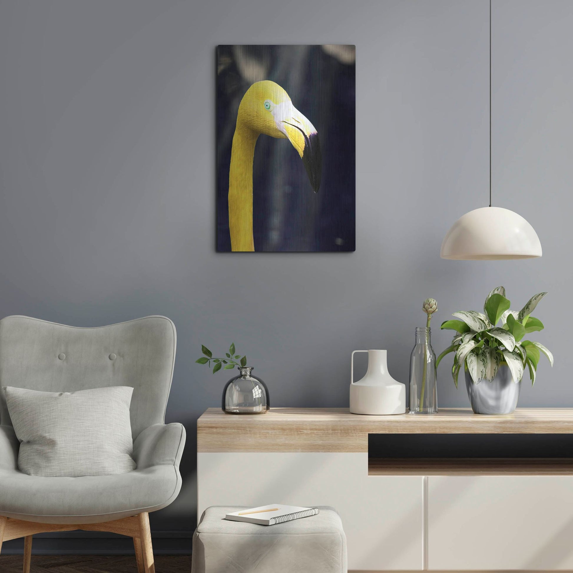 Luxe Metal Art 'Yellow Flamingo' by Dana Brett Munach, Metal Wall Art,16x24