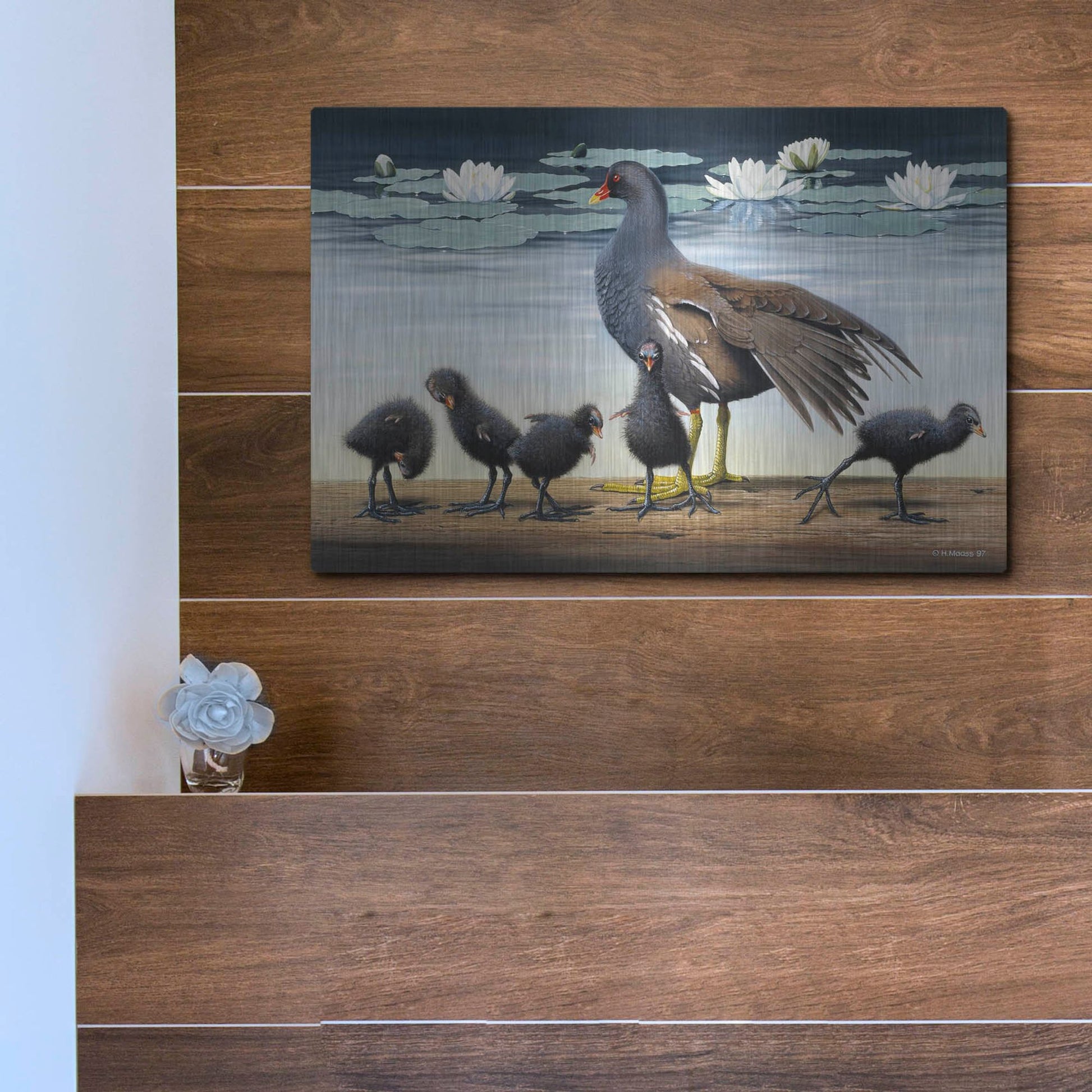 Luxe Metal Art 'Common Gallinule With Chicken And Water-Lilies' by Harro Maass, Metal Wall Art,16x12