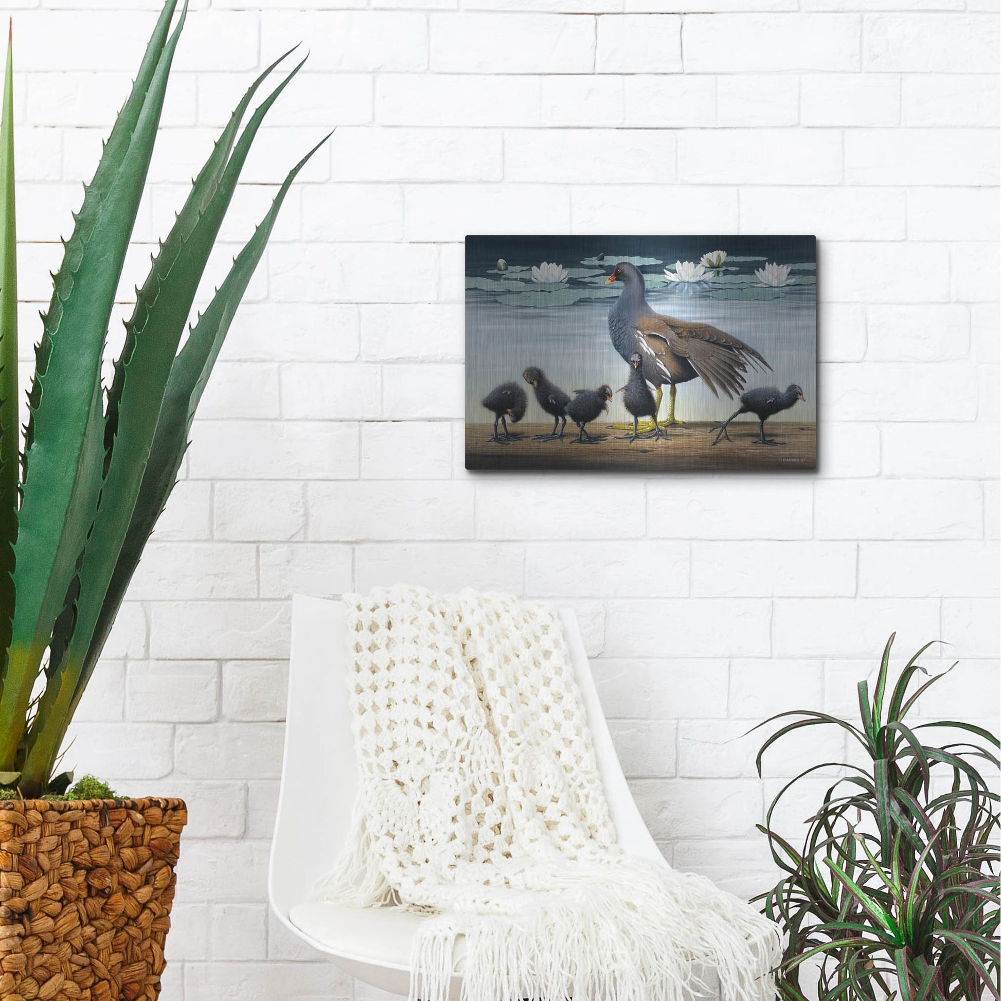 Luxe Metal Art 'Common Gallinule With Chicken And Water-Lilies' by Harro Maass, Metal Wall Art,16x12