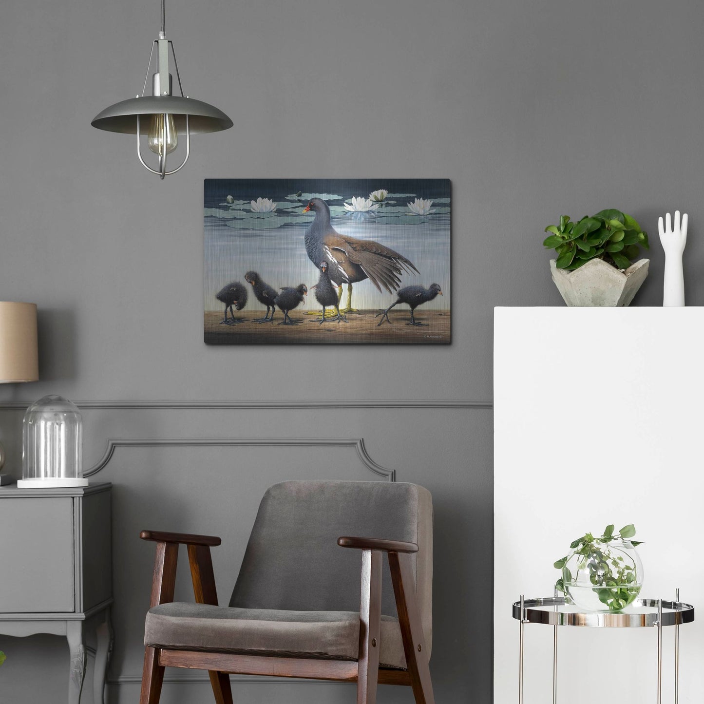 Luxe Metal Art 'Common Gallinule With Chicken And Water-Lilies' by Harro Maass, Metal Wall Art,24x16