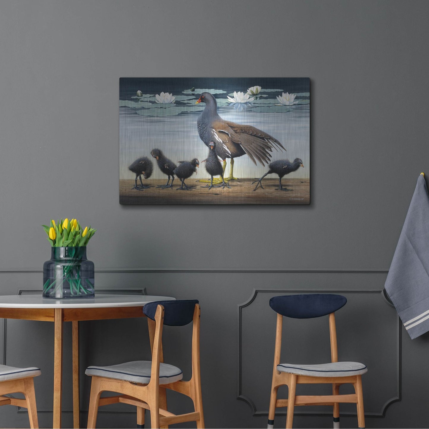 Luxe Metal Art 'Common Gallinule With Chicken And Water-Lilies' by Harro Maass, Metal Wall Art,36x24