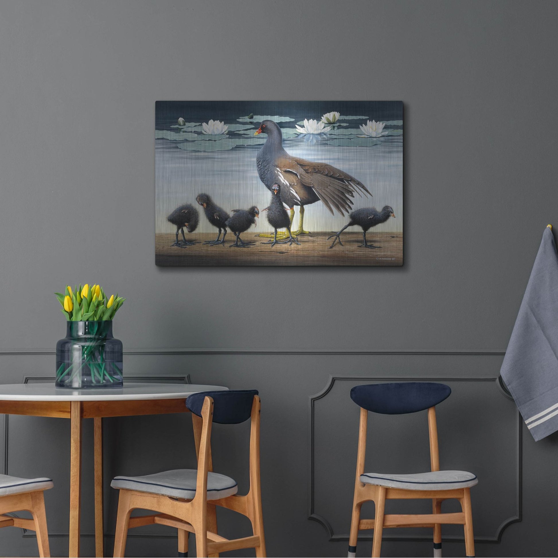 Luxe Metal Art 'Common Gallinule With Chicken And Water-Lilies' by Harro Maass, Metal Wall Art,36x24