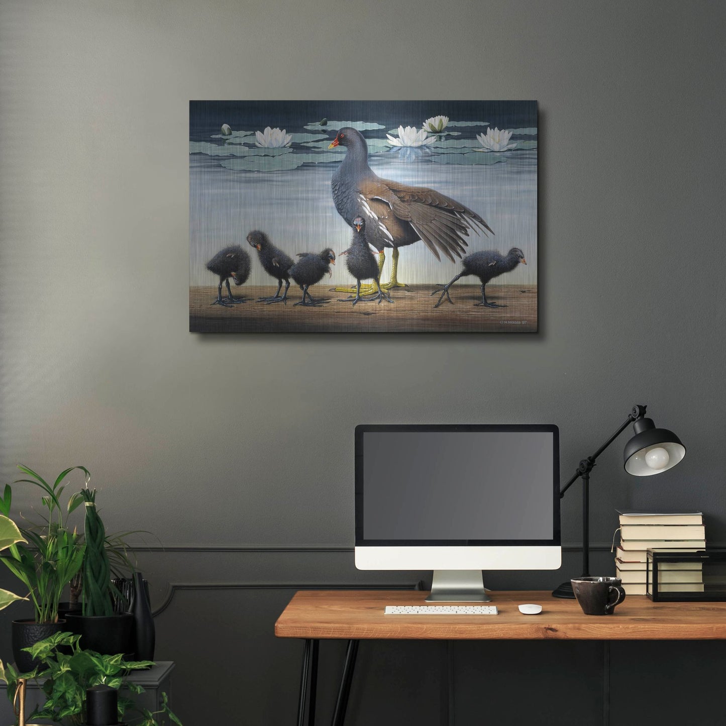 Luxe Metal Art 'Common Gallinule With Chicken And Water-Lilies' by Harro Maass, Metal Wall Art,36x24