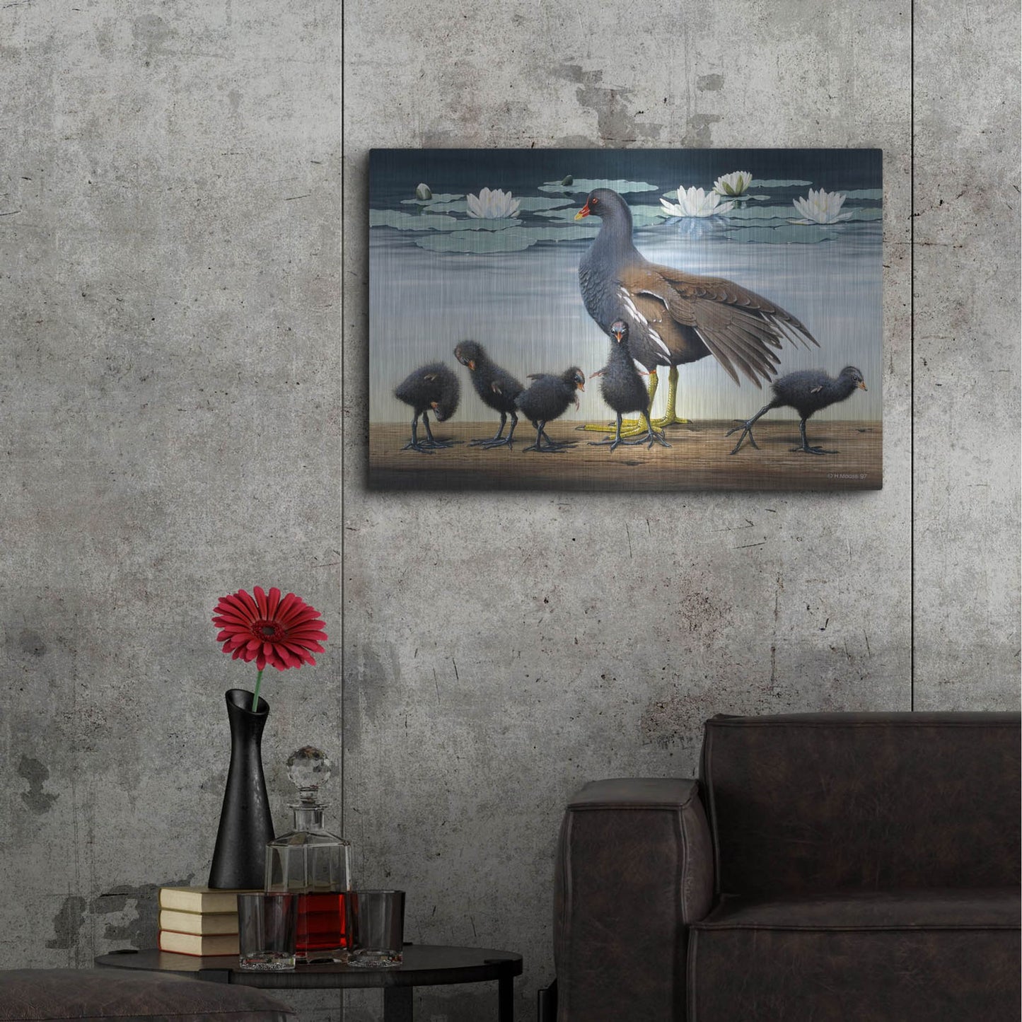 Luxe Metal Art 'Common Gallinule With Chicken And Water-Lilies' by Harro Maass, Metal Wall Art,36x24