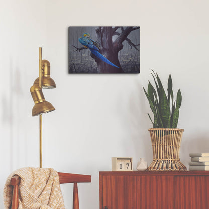 Luxe Metal Art 'Blue And Yellow Macaw In Burned Forest' by Harro Maass, Metal Wall Art,24x16