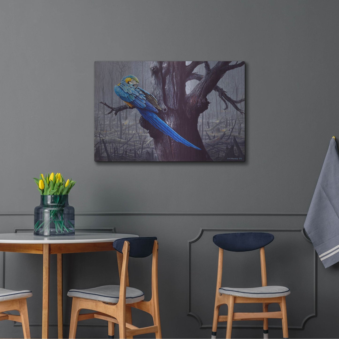 Luxe Metal Art 'Blue And Yellow Macaw In Burned Forest' by Harro Maass, Metal Wall Art,36x24