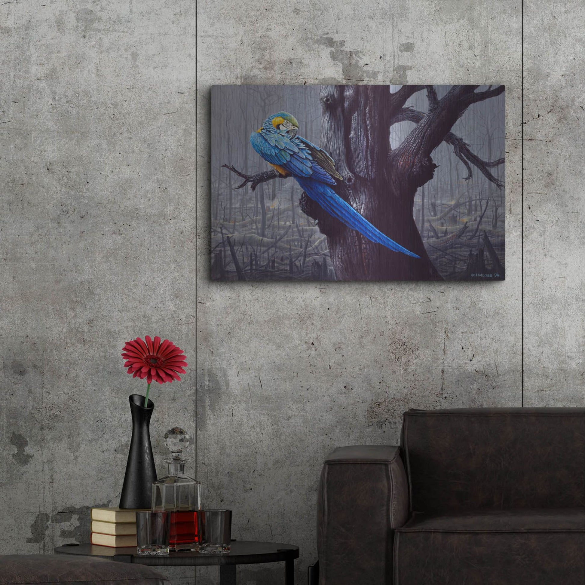 Luxe Metal Art 'Blue And Yellow Macaw In Burned Forest' by Harro Maass, Metal Wall Art,36x24