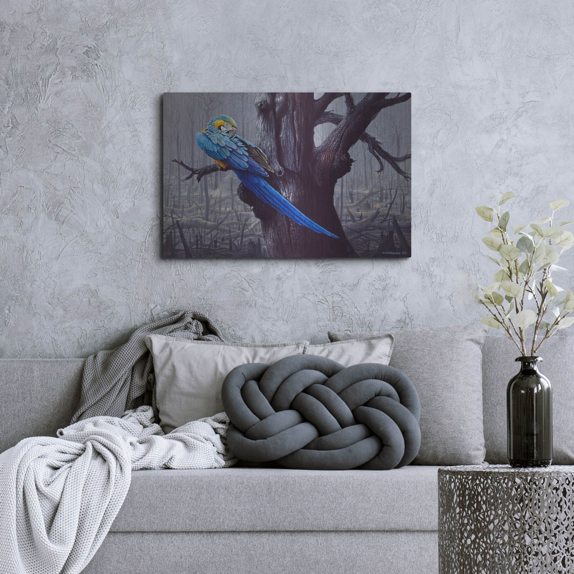 Luxe Metal Art 'Blue And Yellow Macaw In Burned Forest' by Harro Maass, Metal Wall Art,36x24