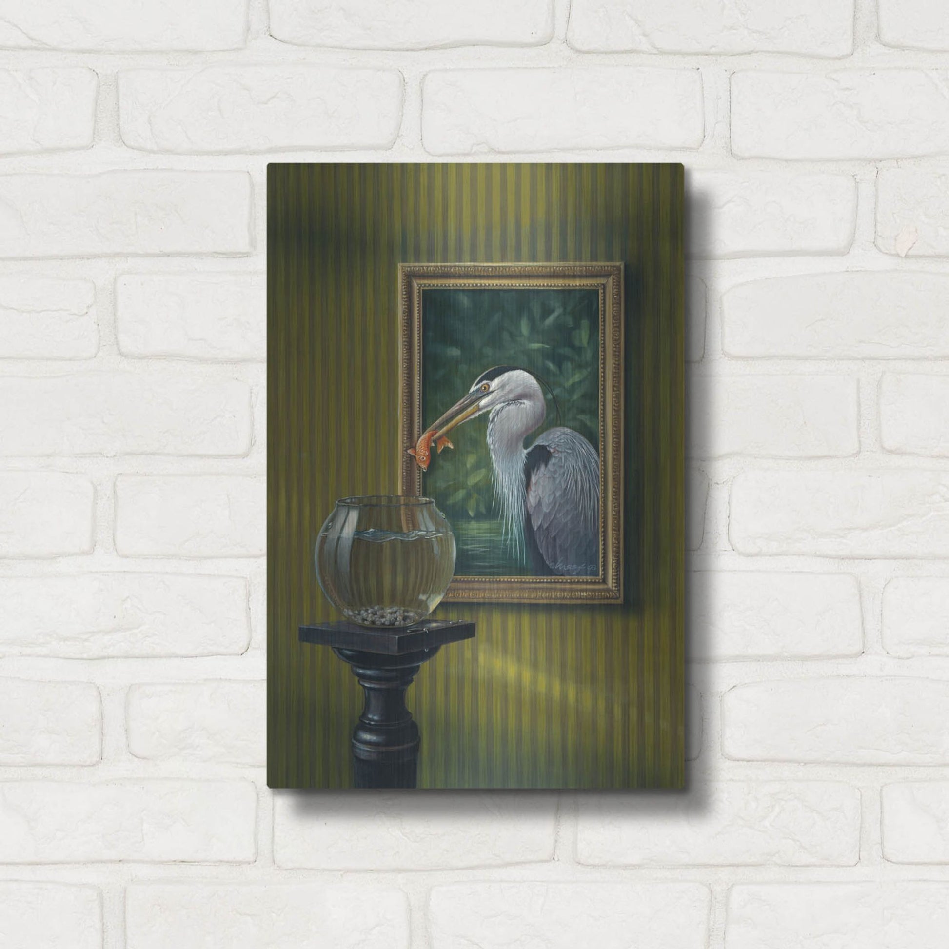 Luxe Metal Art 'Heron And Goldfish' by Harro Maass, Metal Wall Art,12x16