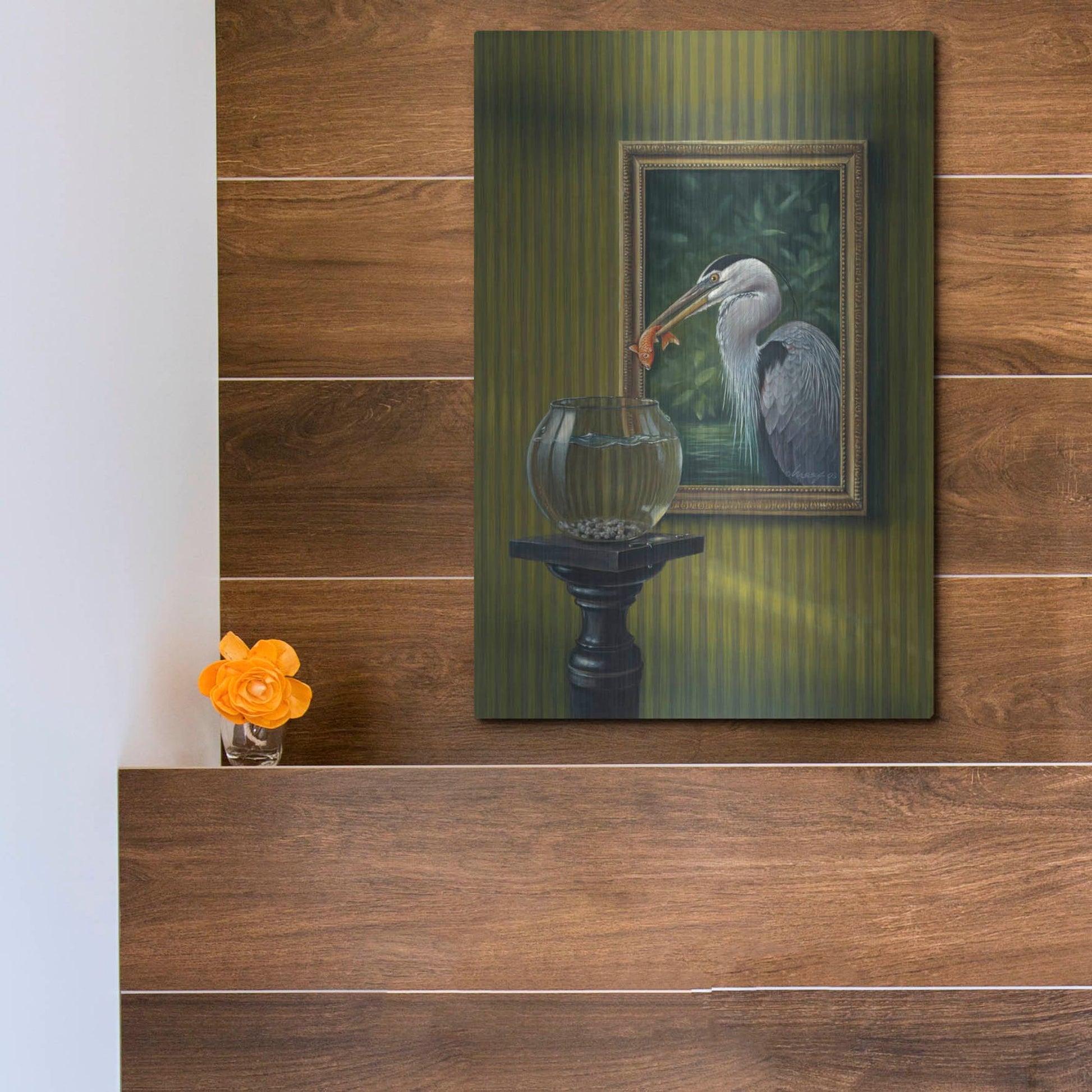 Luxe Metal Art 'Heron And Goldfish' by Harro Maass, Metal Wall Art,12x16