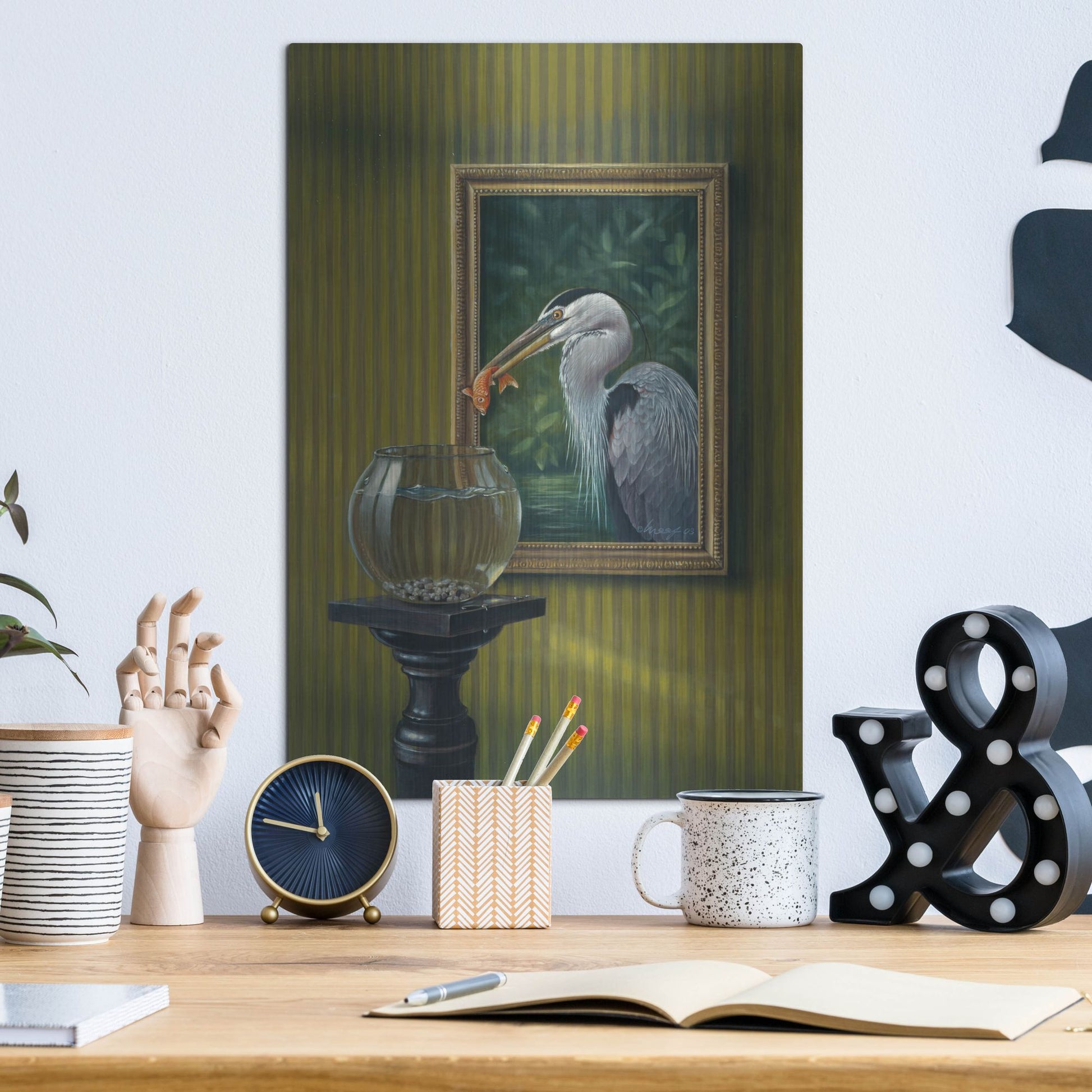 Luxe Metal Art 'Heron And Goldfish' by Harro Maass, Metal Wall Art,12x16