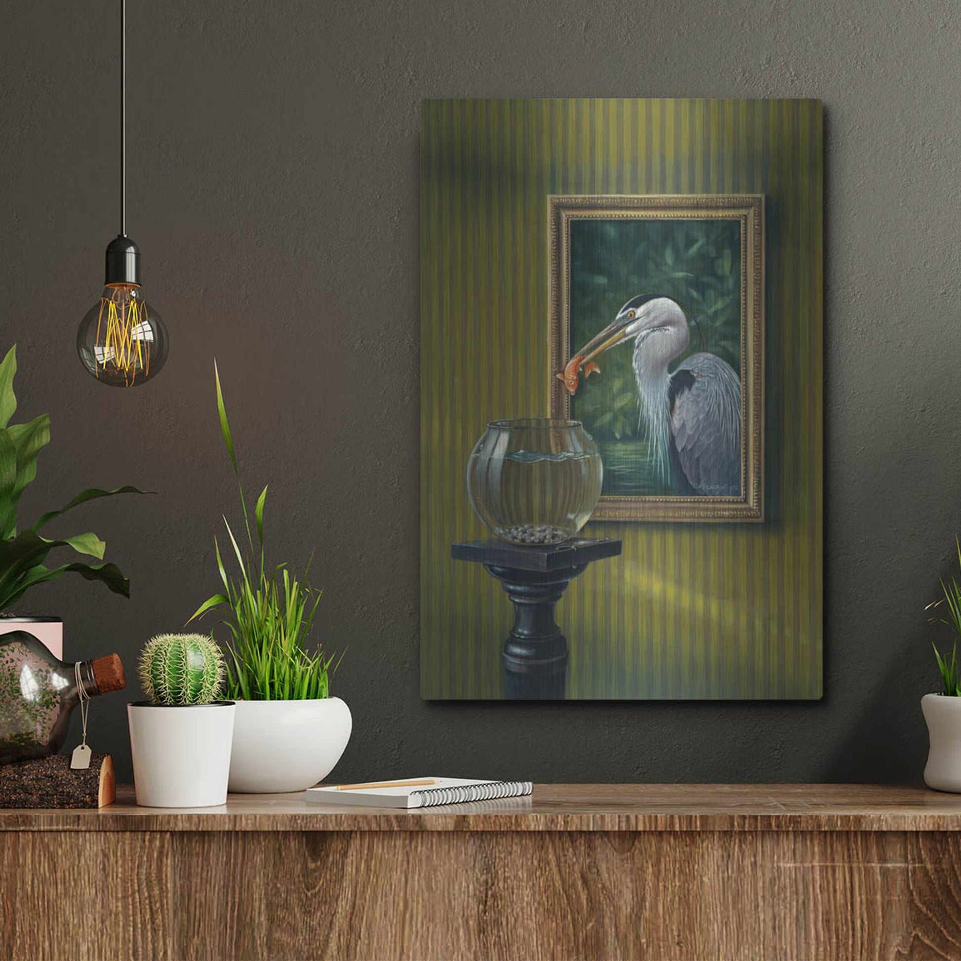 Luxe Metal Art 'Heron And Goldfish' by Harro Maass, Metal Wall Art,12x16