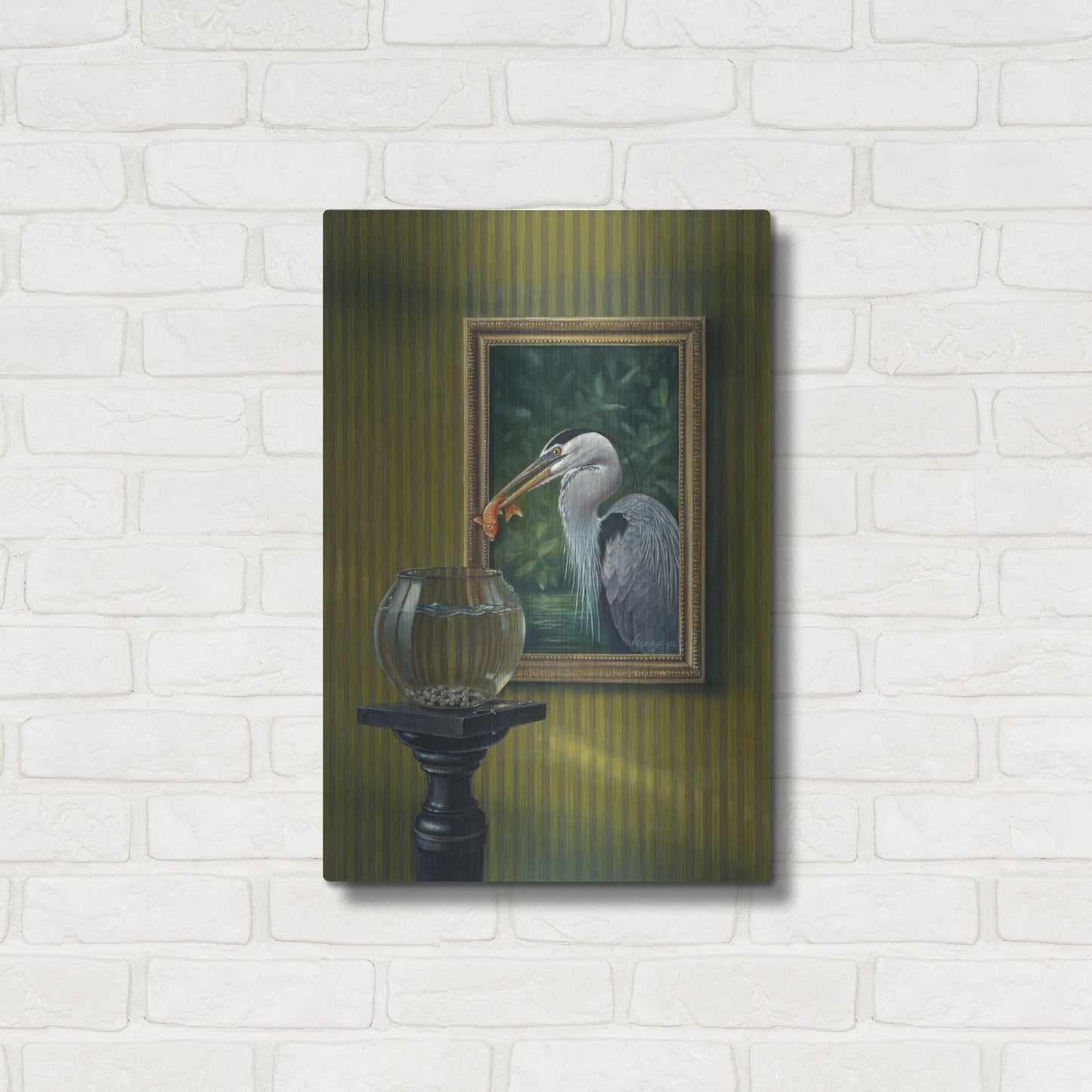 Luxe Metal Art 'Heron And Goldfish' by Harro Maass, Metal Wall Art,16x24