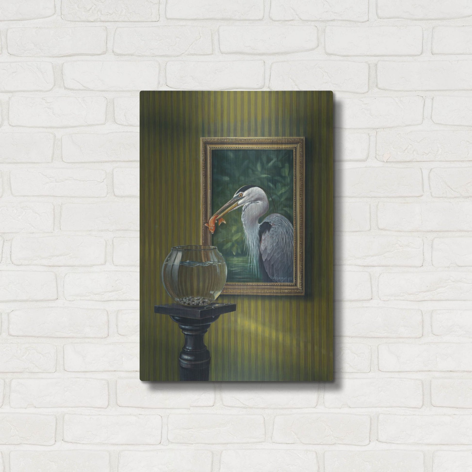 Luxe Metal Art 'Heron And Goldfish' by Harro Maass, Metal Wall Art,16x24