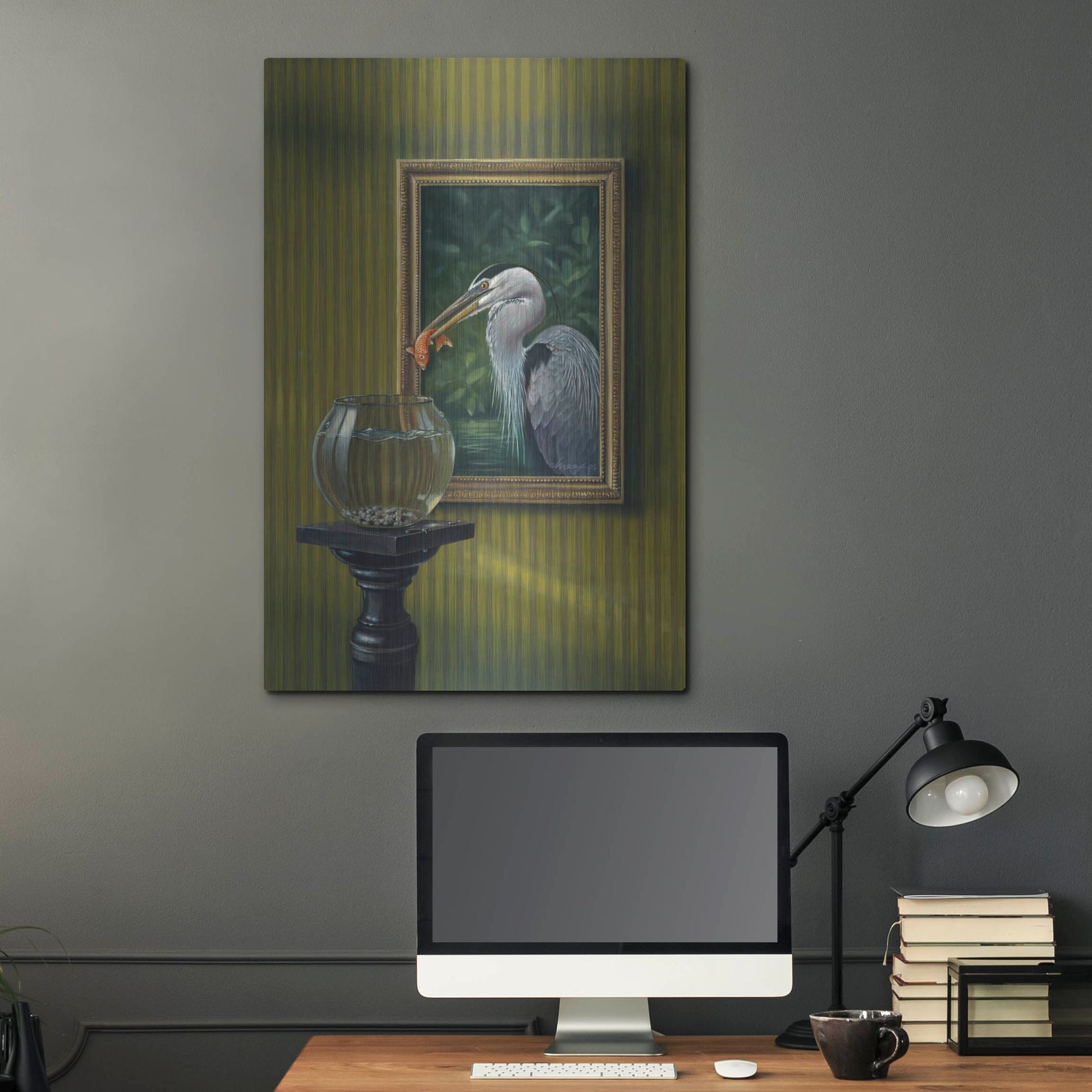 Luxe Metal Art 'Heron And Goldfish' by Harro Maass, Metal Wall Art,24x36