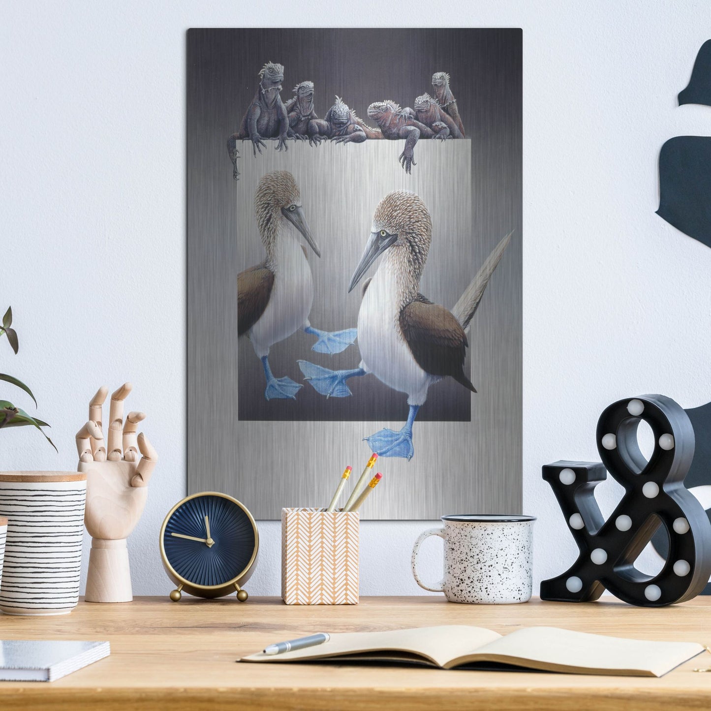 Luxe Metal Art 'Bluefooted Boobies And Marine Iguanas' by Harro Maass, Metal Wall Art,12x16