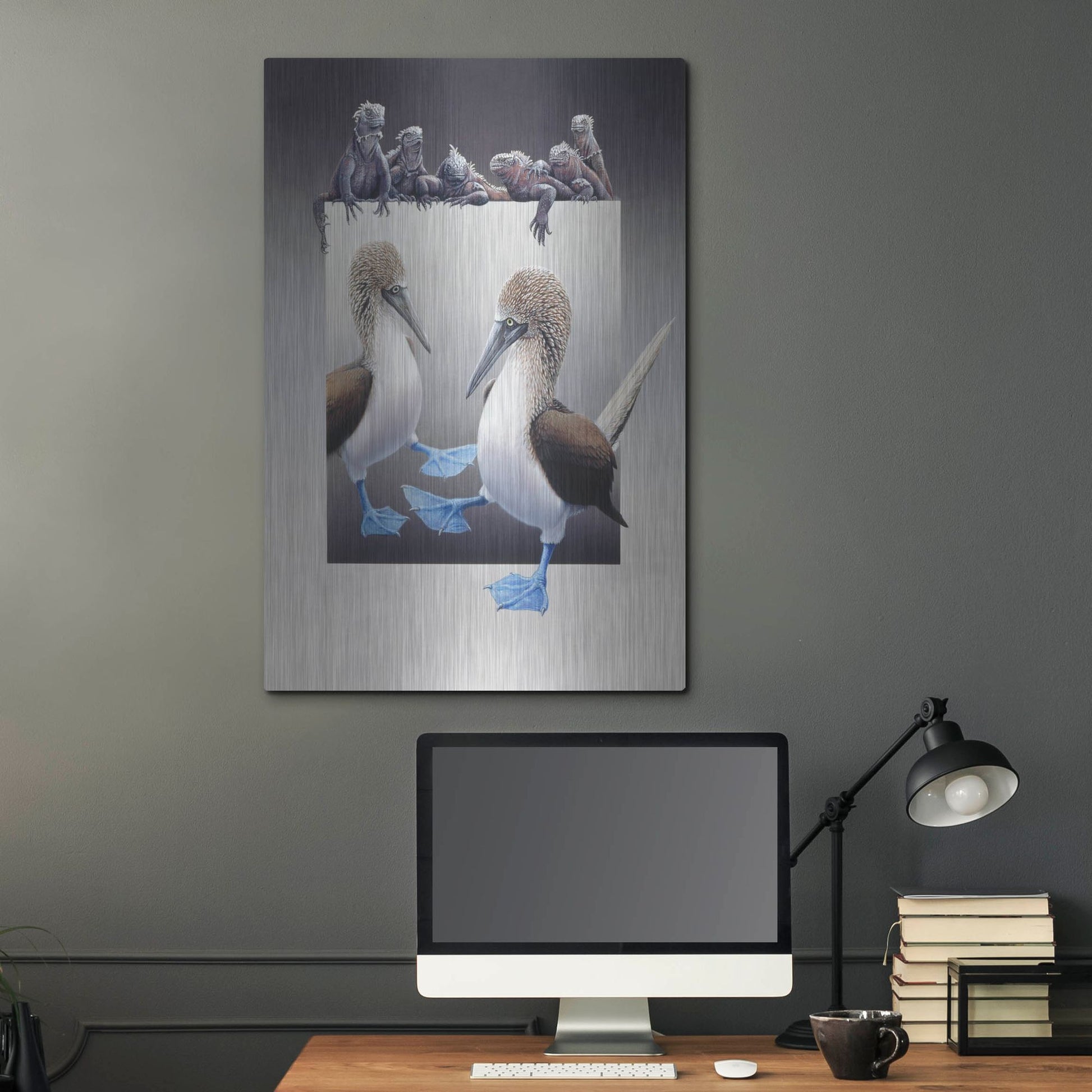Luxe Metal Art 'Bluefooted Boobies And Marine Iguanas' by Harro Maass, Metal Wall Art,24x36