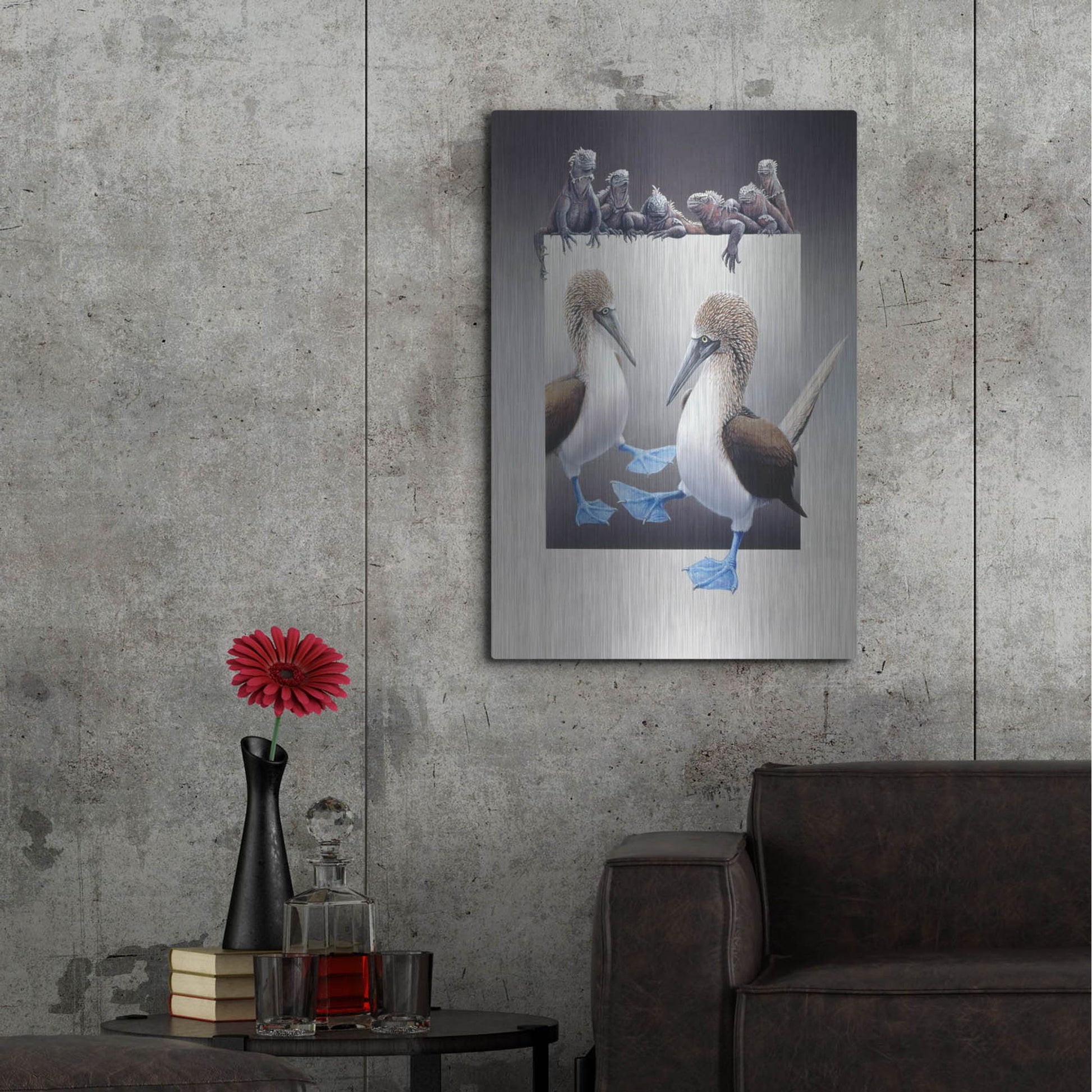 Luxe Metal Art 'Bluefooted Boobies And Marine Iguanas' by Harro Maass, Metal Wall Art,24x36