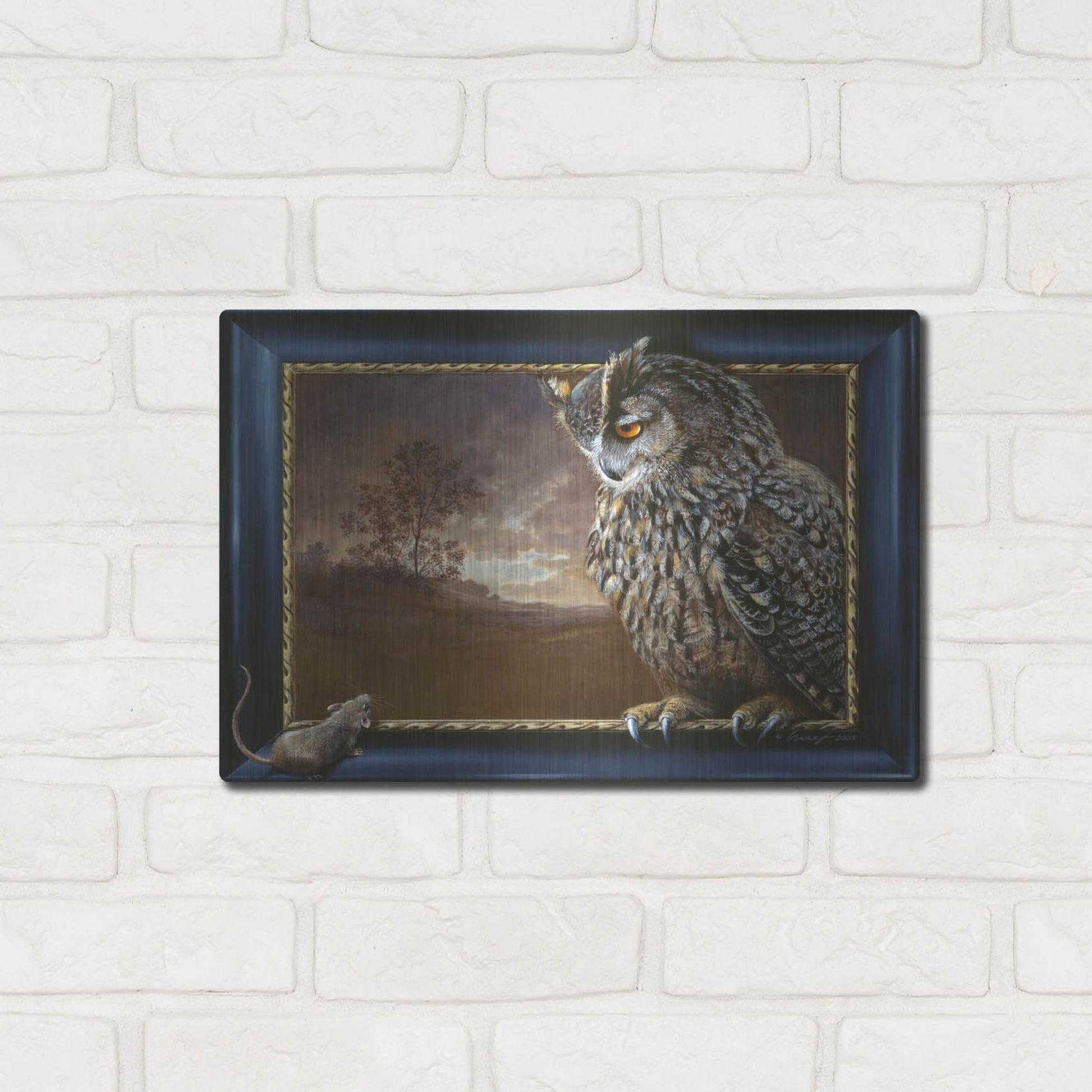 Luxe Metal Art 'Eagle Owl And Mouse' by Harro Maass, Metal Wall Art,16x12