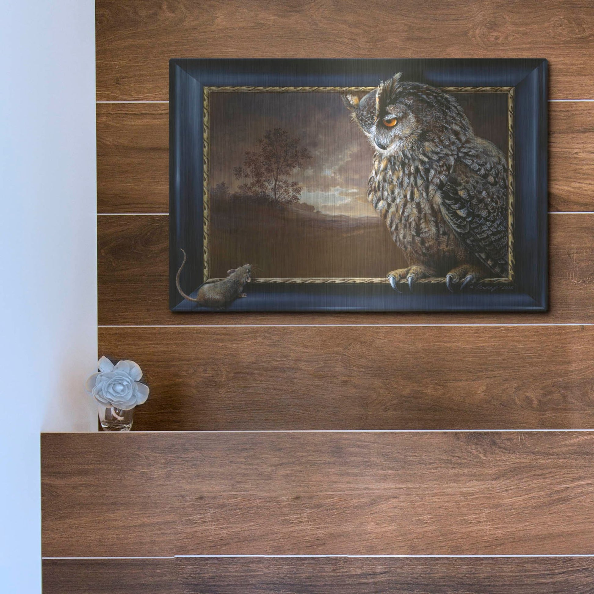 Luxe Metal Art 'Eagle Owl And Mouse' by Harro Maass, Metal Wall Art,16x12