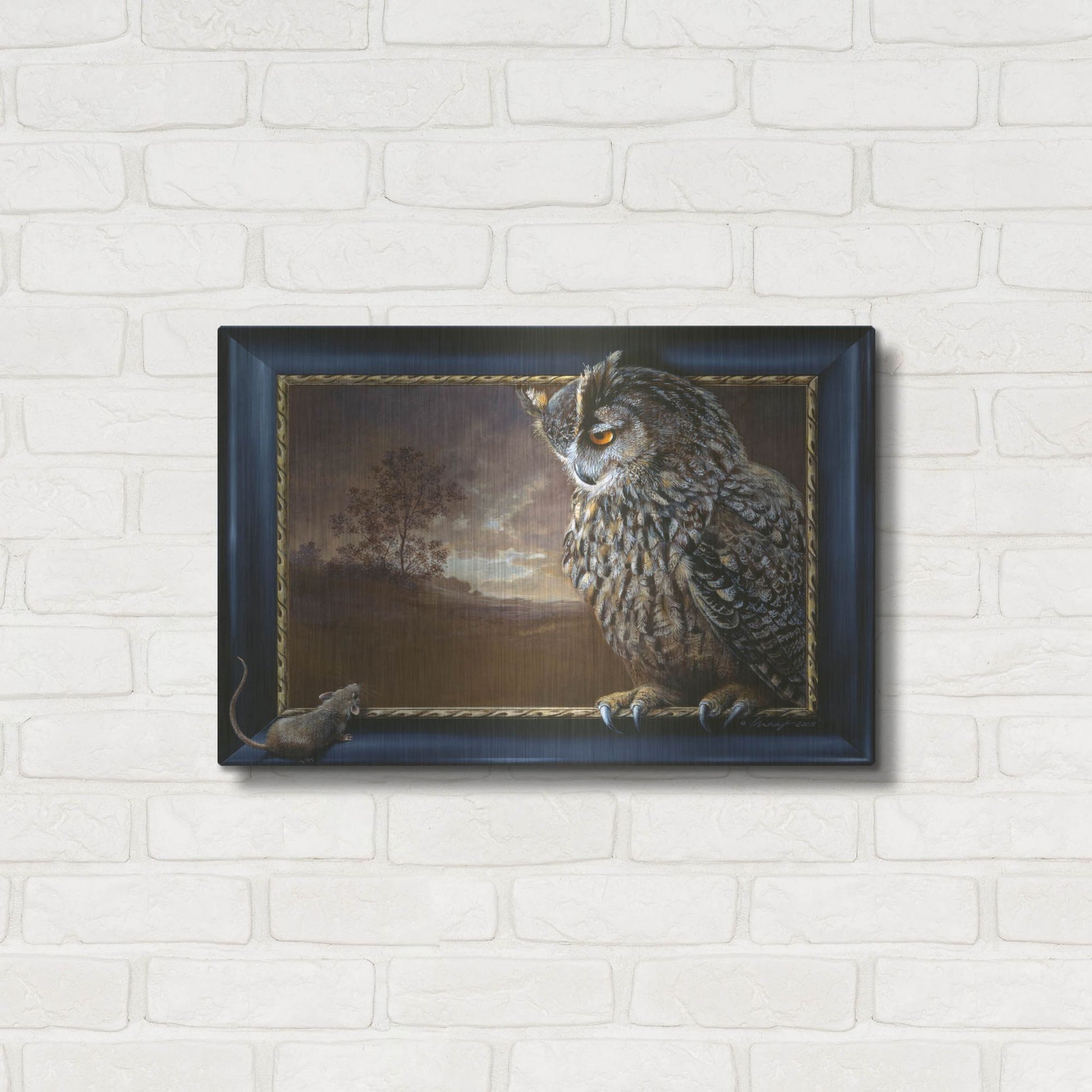Luxe Metal Art 'Eagle Owl And Mouse' by Harro Maass, Metal Wall Art,24x16