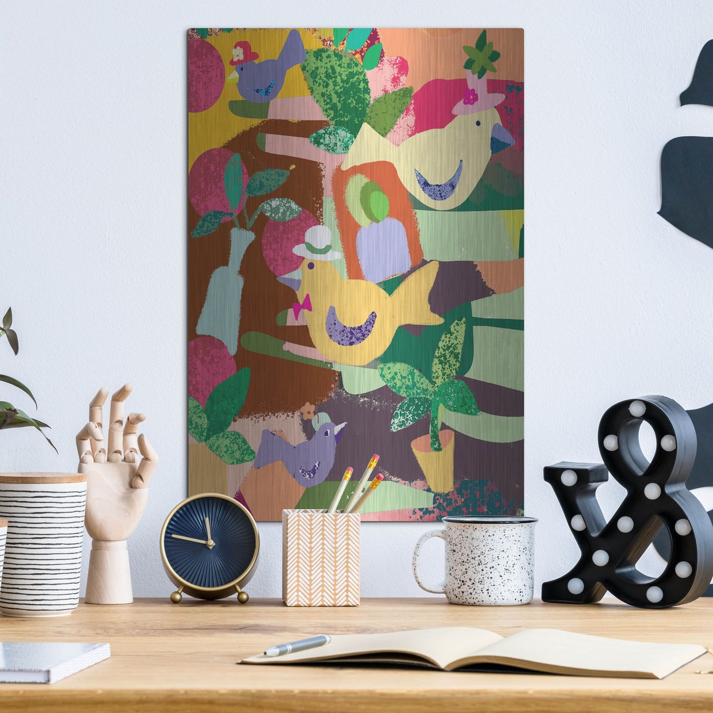 Luxe Metal Art 'Birds In Hats' by Holly McGee, Metal Wall Art,12x16