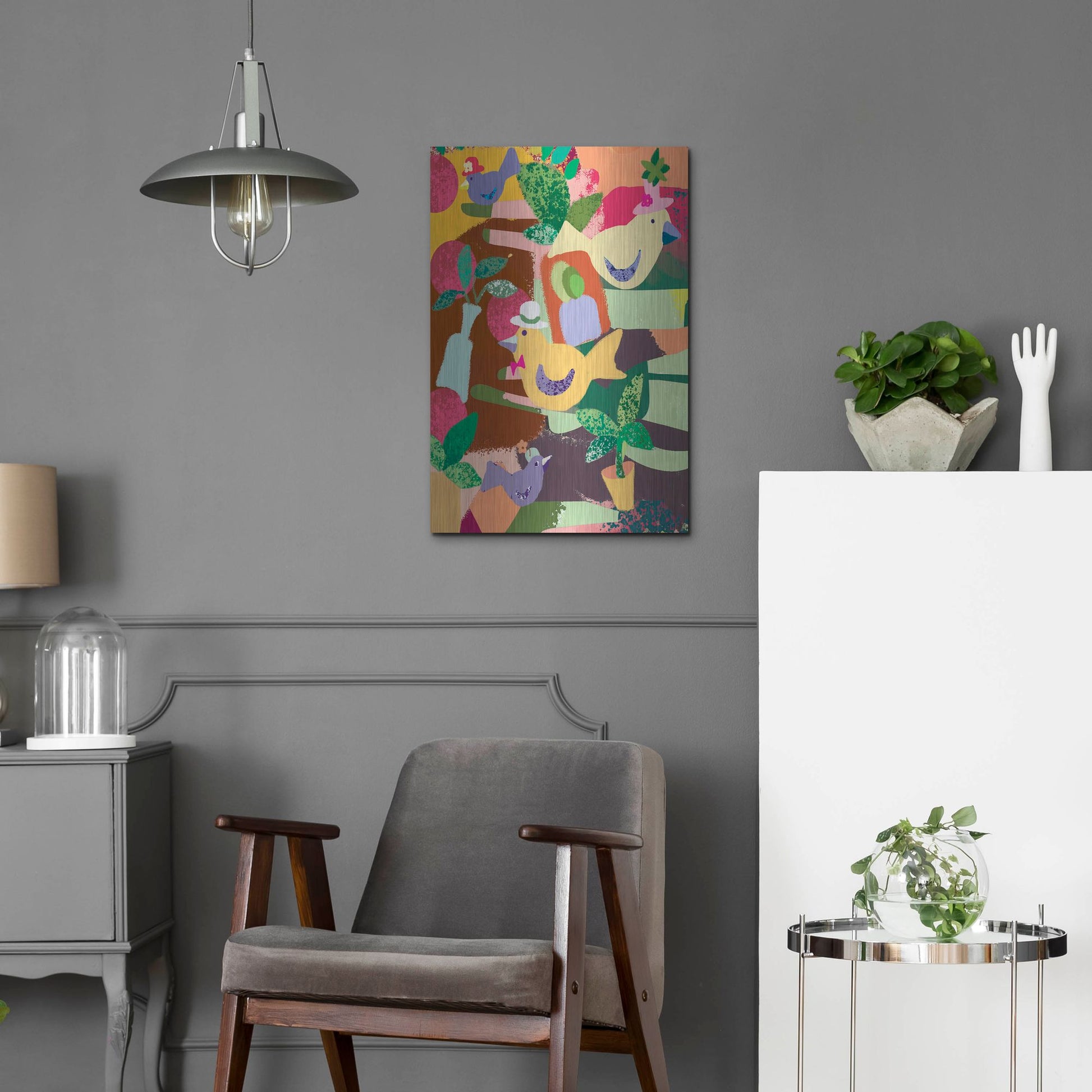 Luxe Metal Art 'Birds In Hats' by Holly McGee, Metal Wall Art,16x24