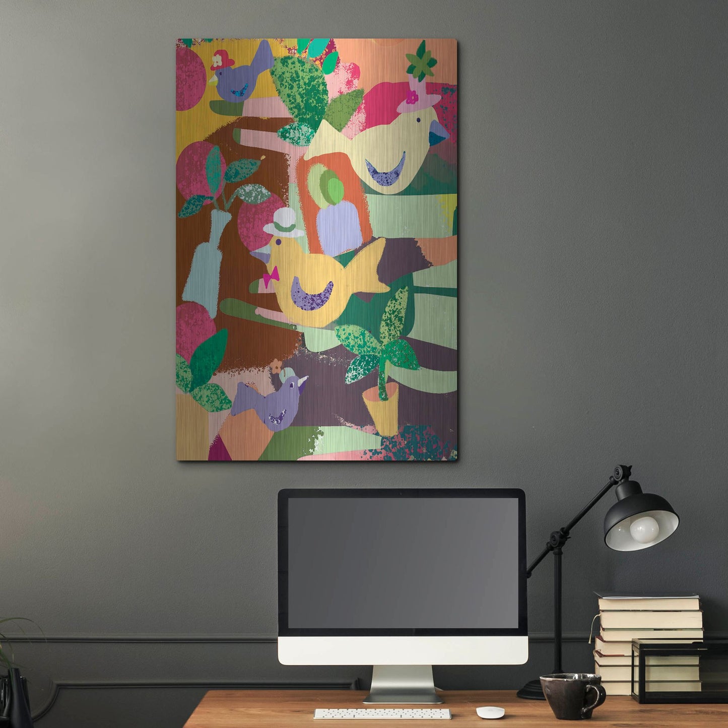 Luxe Metal Art 'Birds In Hats' by Holly McGee, Metal Wall Art,24x36