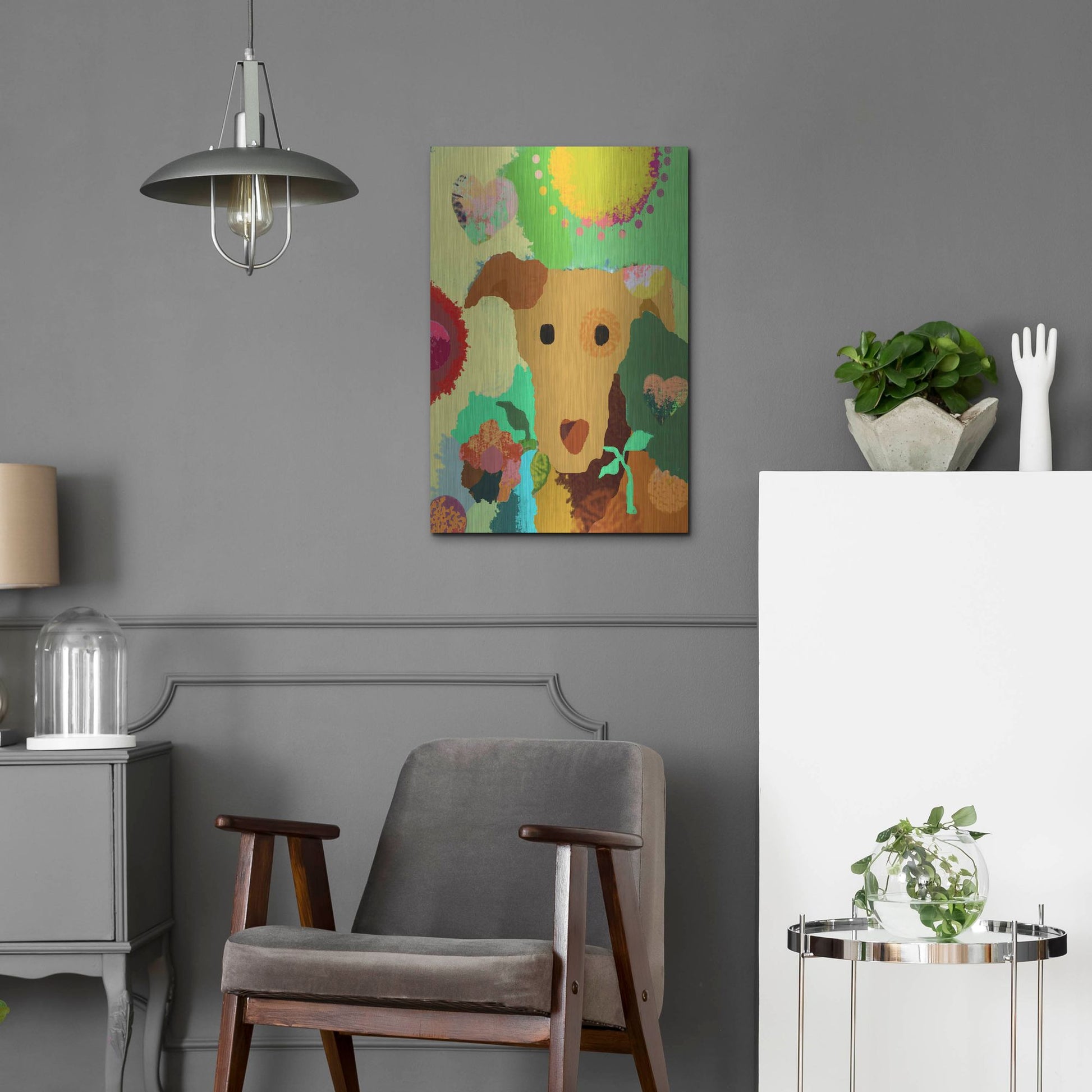 Luxe Metal Art 'Terrier With Flower' by Holly McGee, Metal Wall Art,16x24