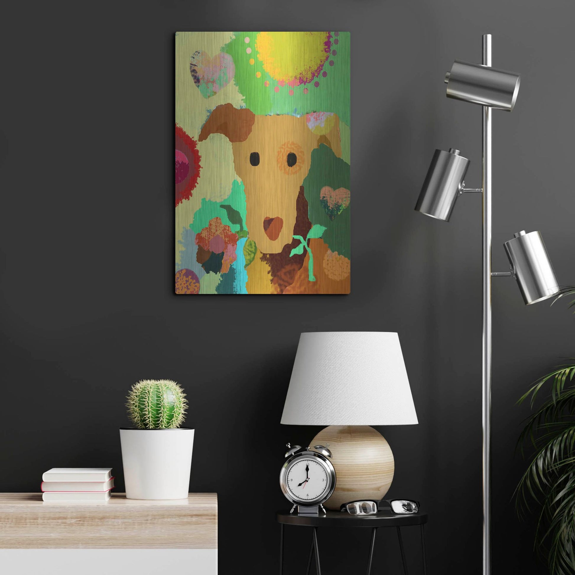 Luxe Metal Art 'Terrier With Flower' by Holly McGee, Metal Wall Art,16x24