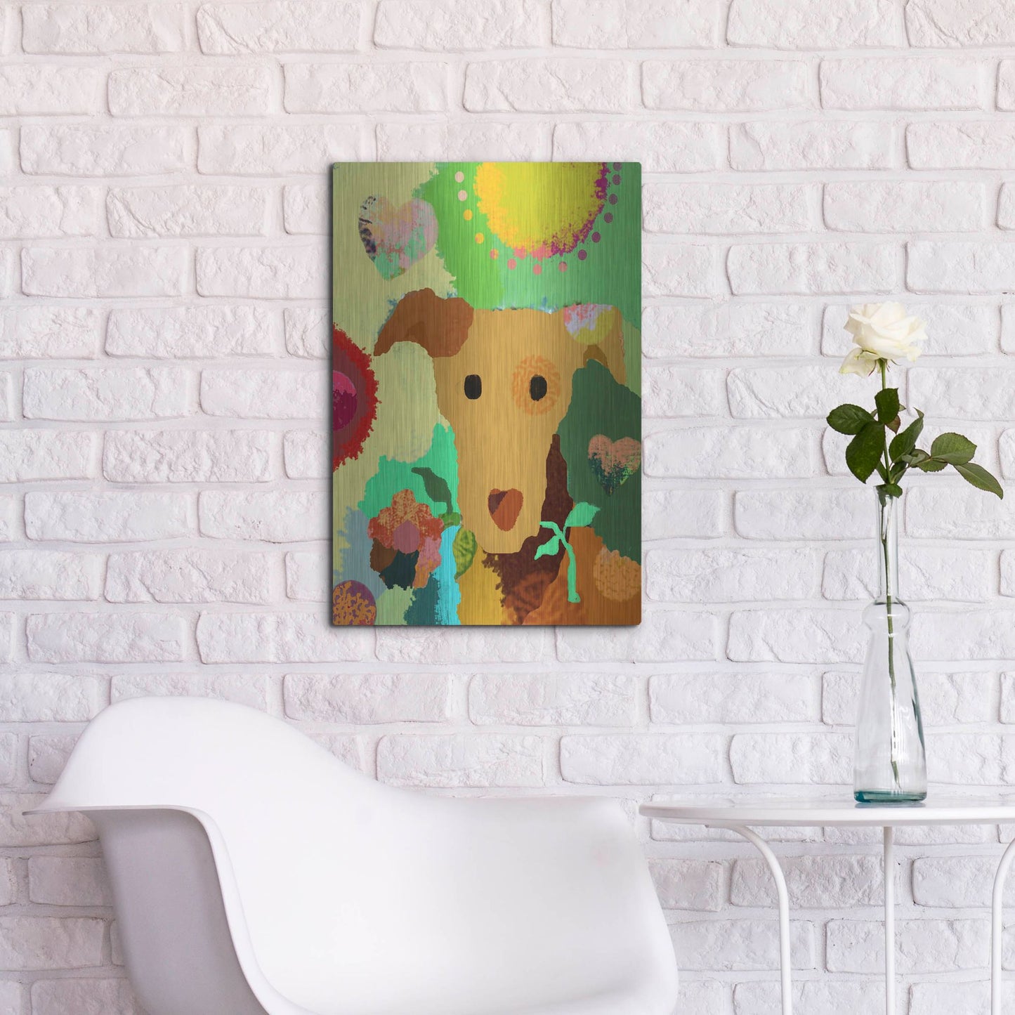 Luxe Metal Art 'Terrier With Flower' by Holly McGee, Metal Wall Art,16x24