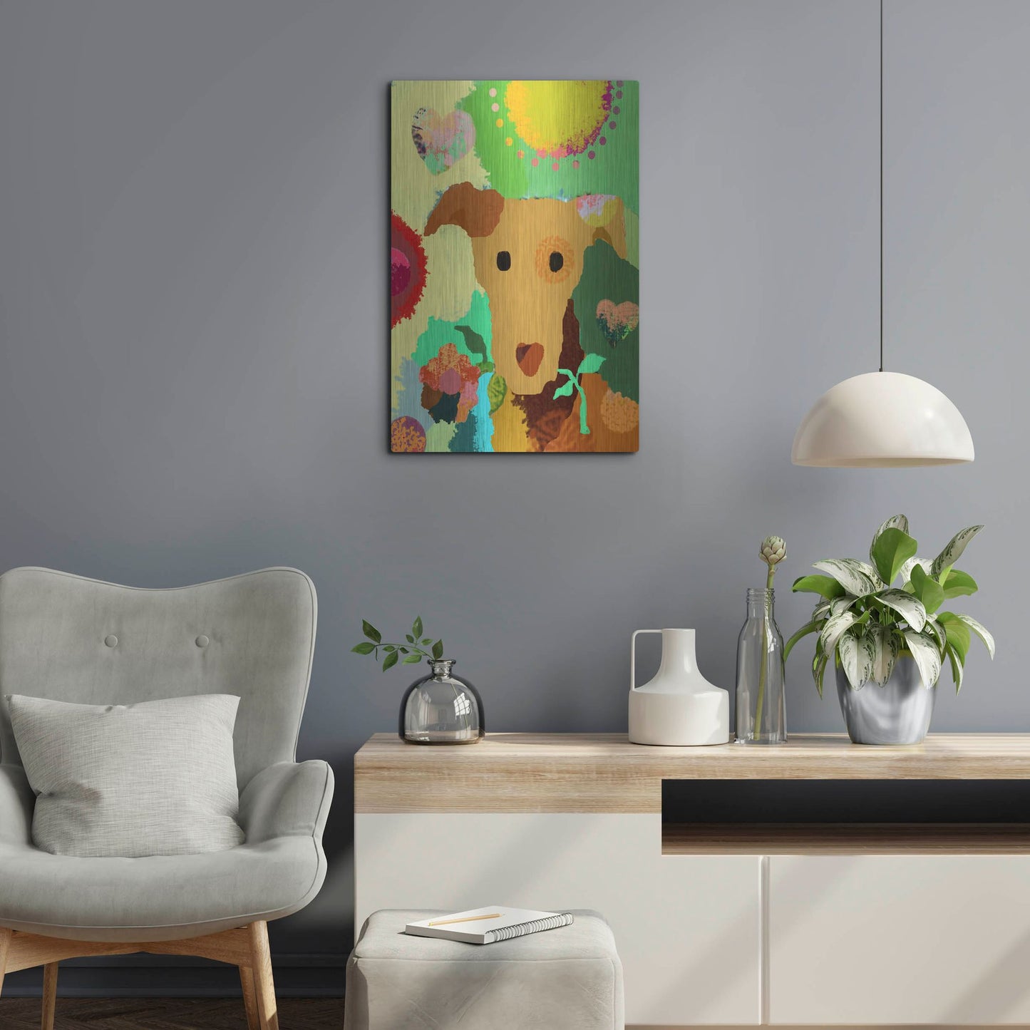 Luxe Metal Art 'Terrier With Flower' by Holly McGee, Metal Wall Art,16x24