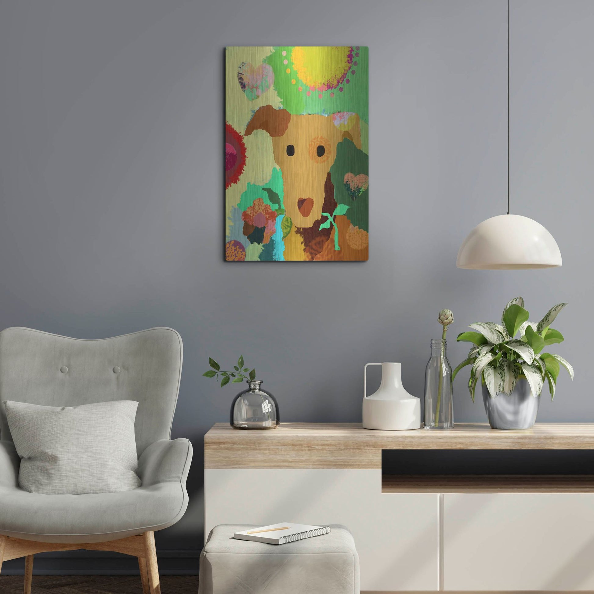 Luxe Metal Art 'Terrier With Flower' by Holly McGee, Metal Wall Art,16x24