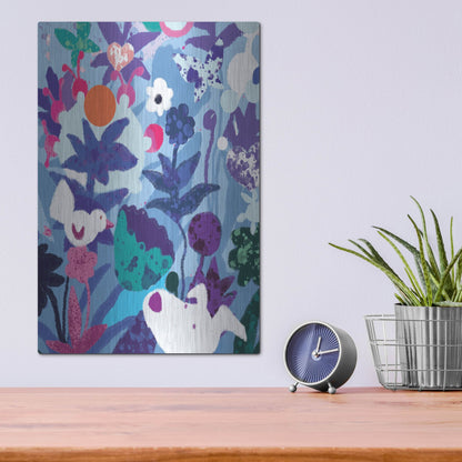 Luxe Metal Art 'Blue Floral With Dog And Bird' by Holly McGee, Metal Wall Art,12x16