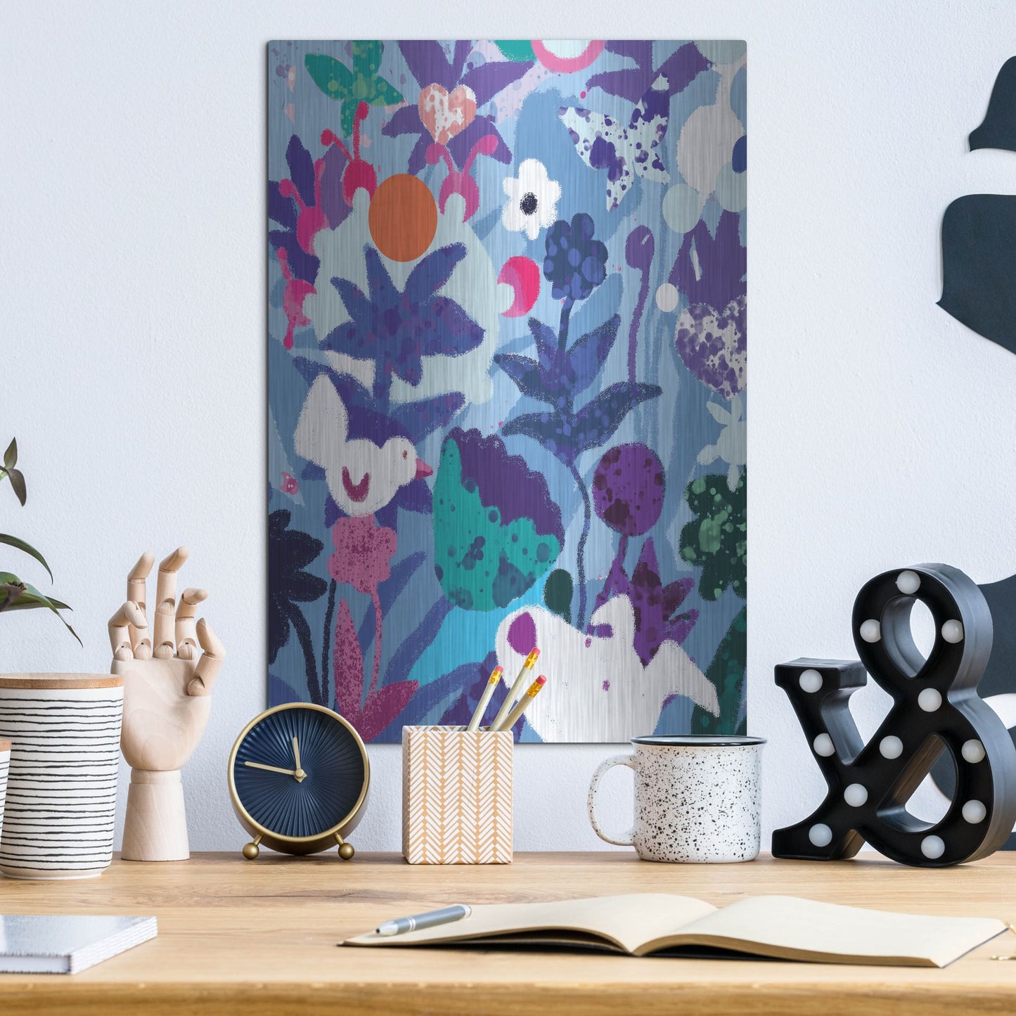 Luxe Metal Art 'Blue Floral With Dog And Bird' by Holly McGee, Metal Wall Art,12x16