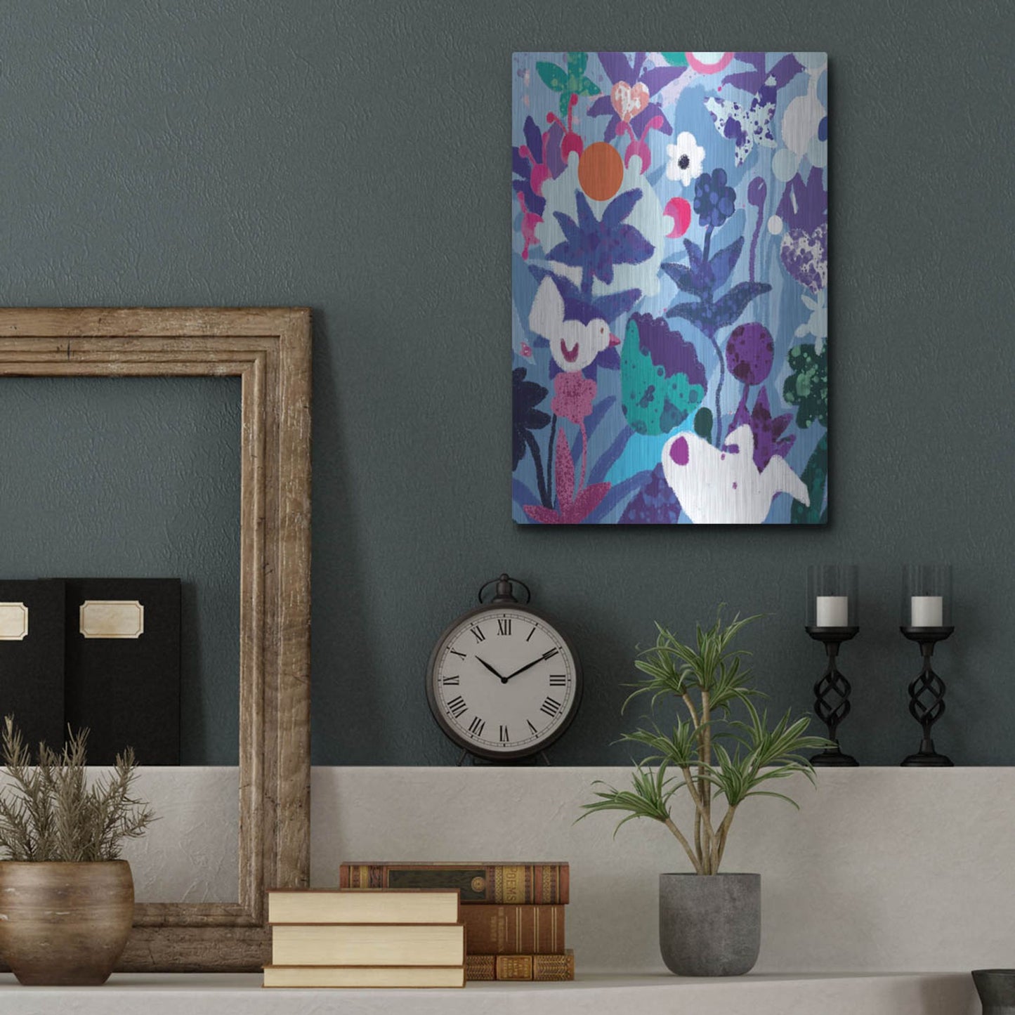 Luxe Metal Art 'Blue Floral With Dog And Bird' by Holly McGee, Metal Wall Art,12x16