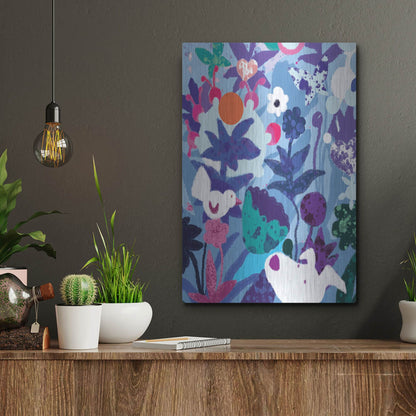 Luxe Metal Art 'Blue Floral With Dog And Bird' by Holly McGee, Metal Wall Art,12x16