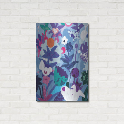 Luxe Metal Art 'Blue Floral With Dog And Bird' by Holly McGee, Metal Wall Art,24x36