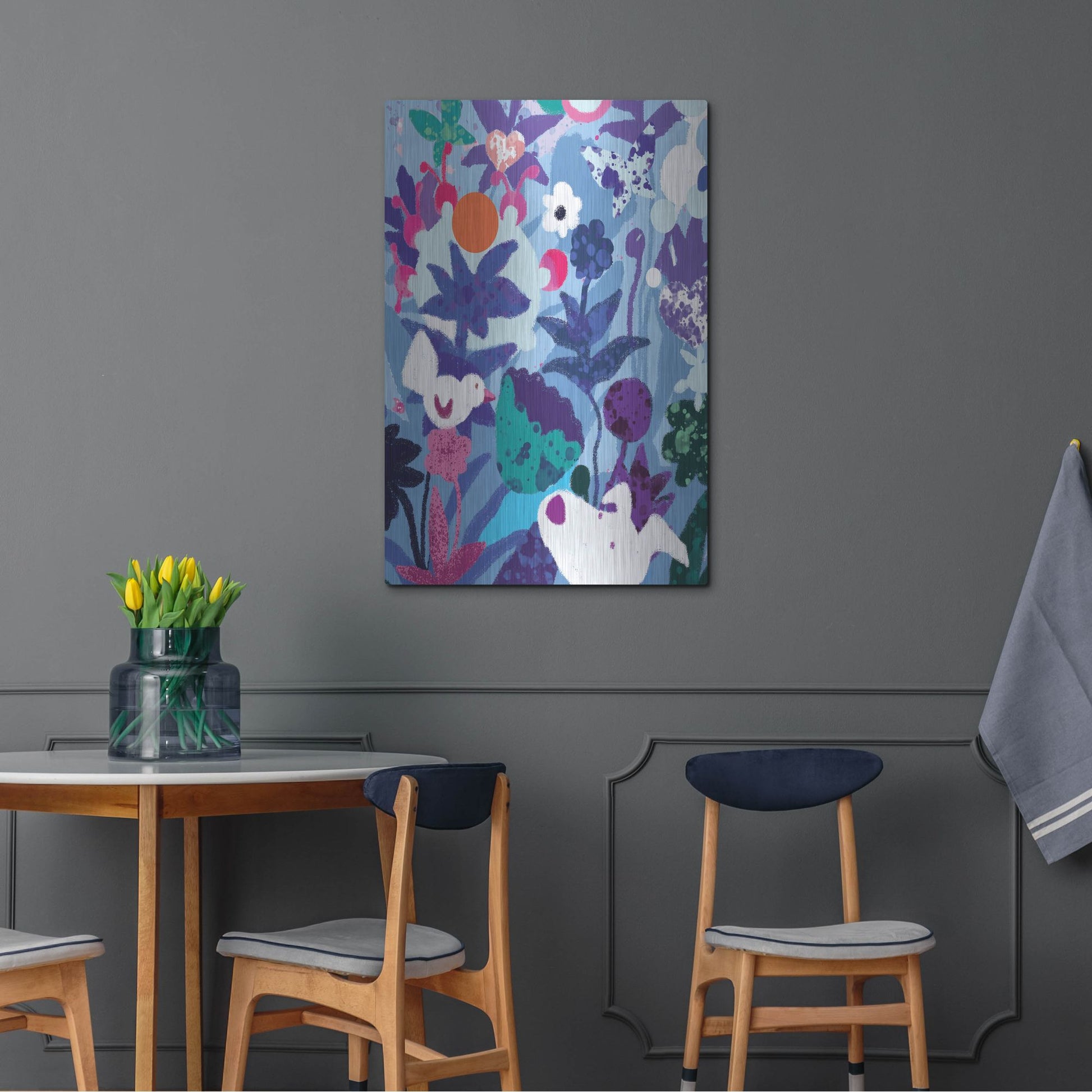 Luxe Metal Art 'Blue Floral With Dog And Bird' by Holly McGee, Metal Wall Art,24x36