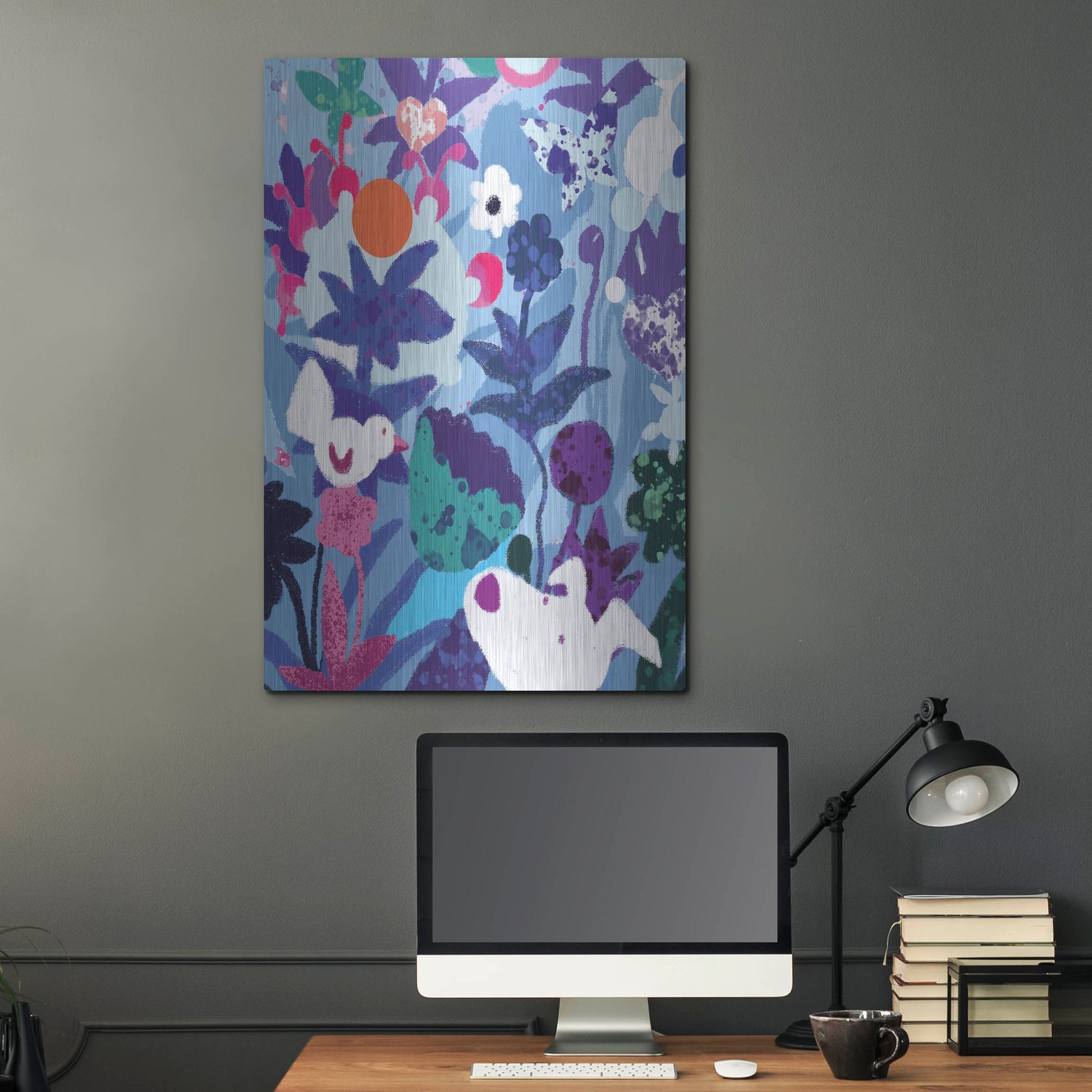 Luxe Metal Art 'Blue Floral With Dog And Bird' by Holly McGee, Metal Wall Art,24x36