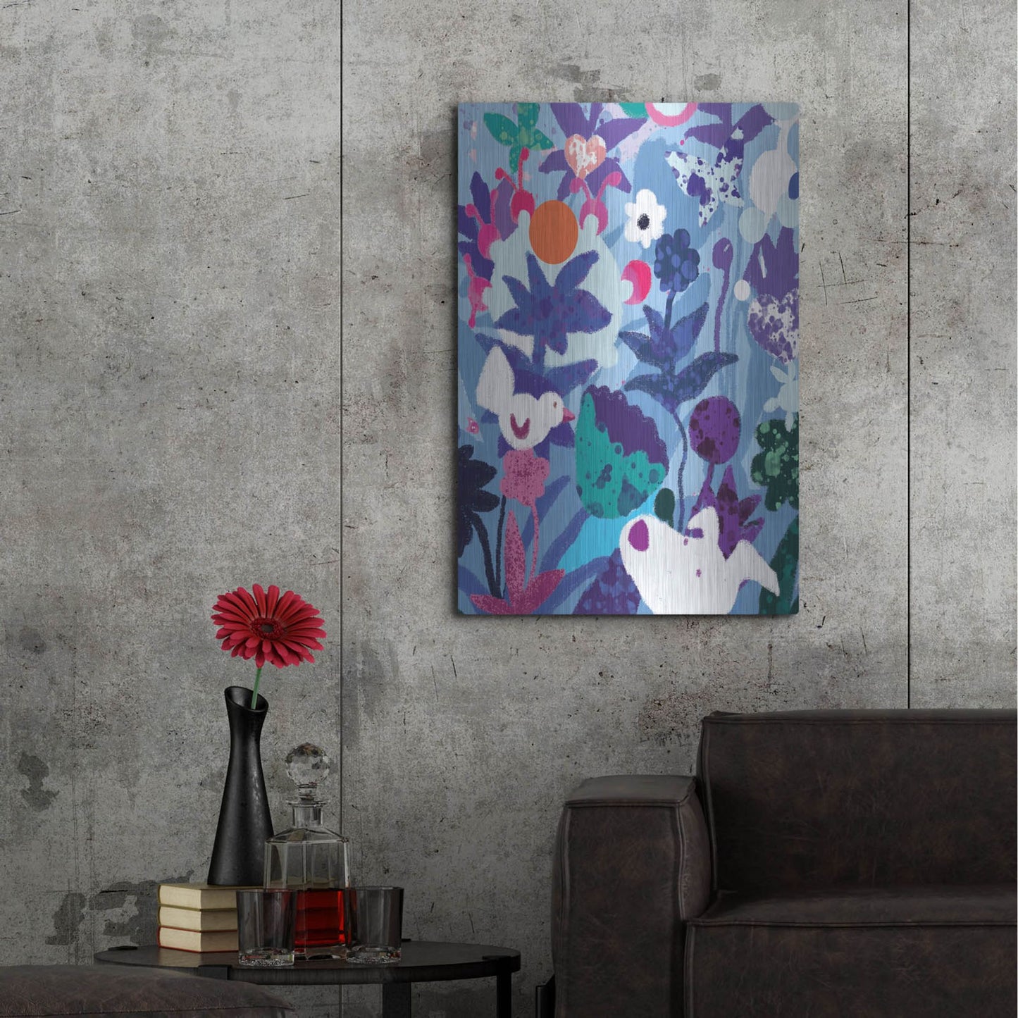 Luxe Metal Art 'Blue Floral With Dog And Bird' by Holly McGee, Metal Wall Art,24x36