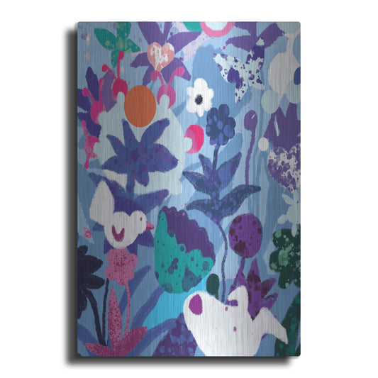 Luxe Metal Art 'Blue Floral With Dog And Bird' by Holly McGee, Metal Wall Art