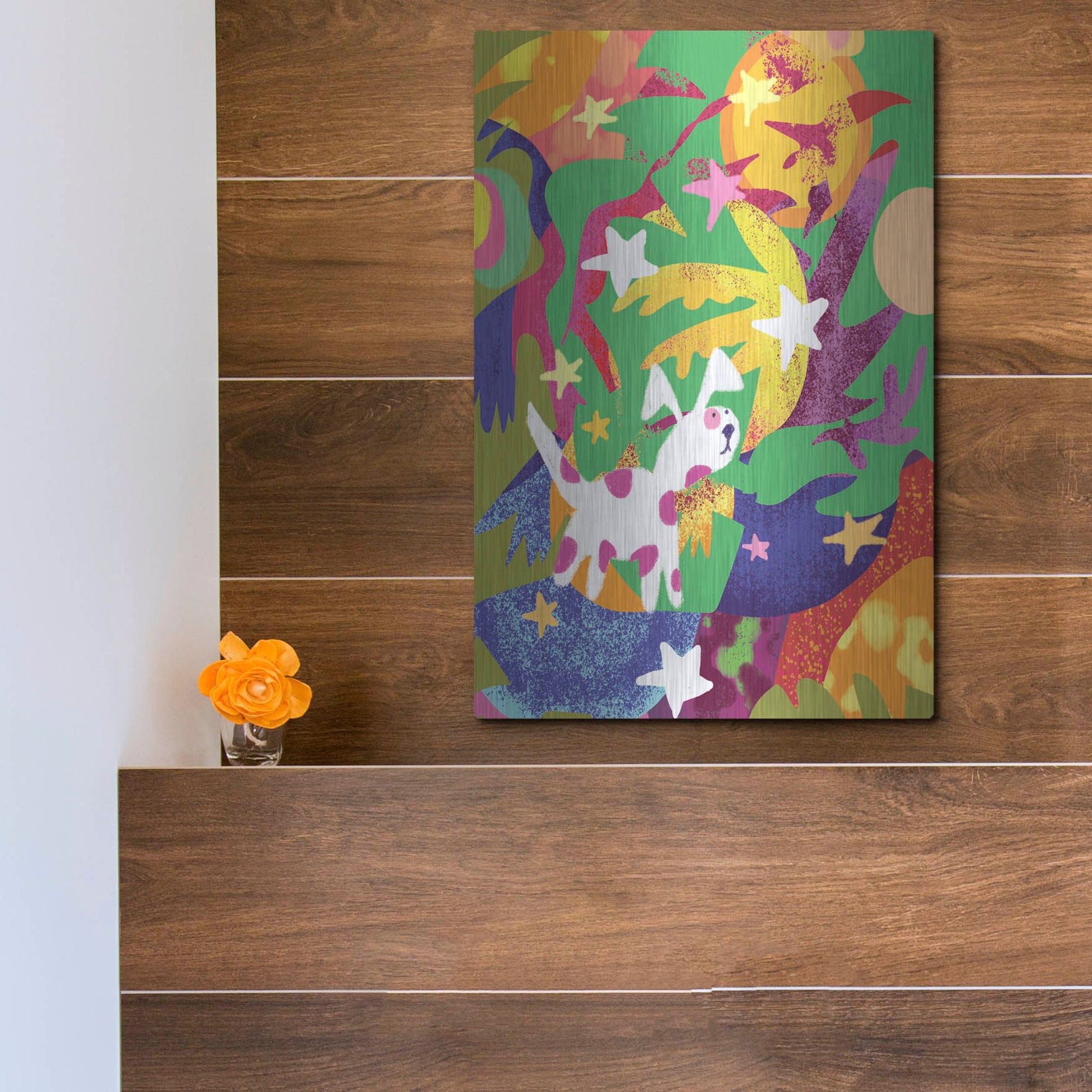 Luxe Metal Art 'Dog And Stars With Abstract Background' by Holly McGee, Metal Wall Art,12x16