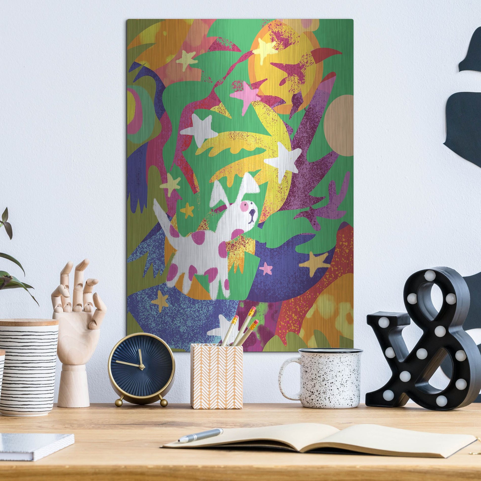 Luxe Metal Art 'Dog And Stars With Abstract Background' by Holly McGee, Metal Wall Art,12x16