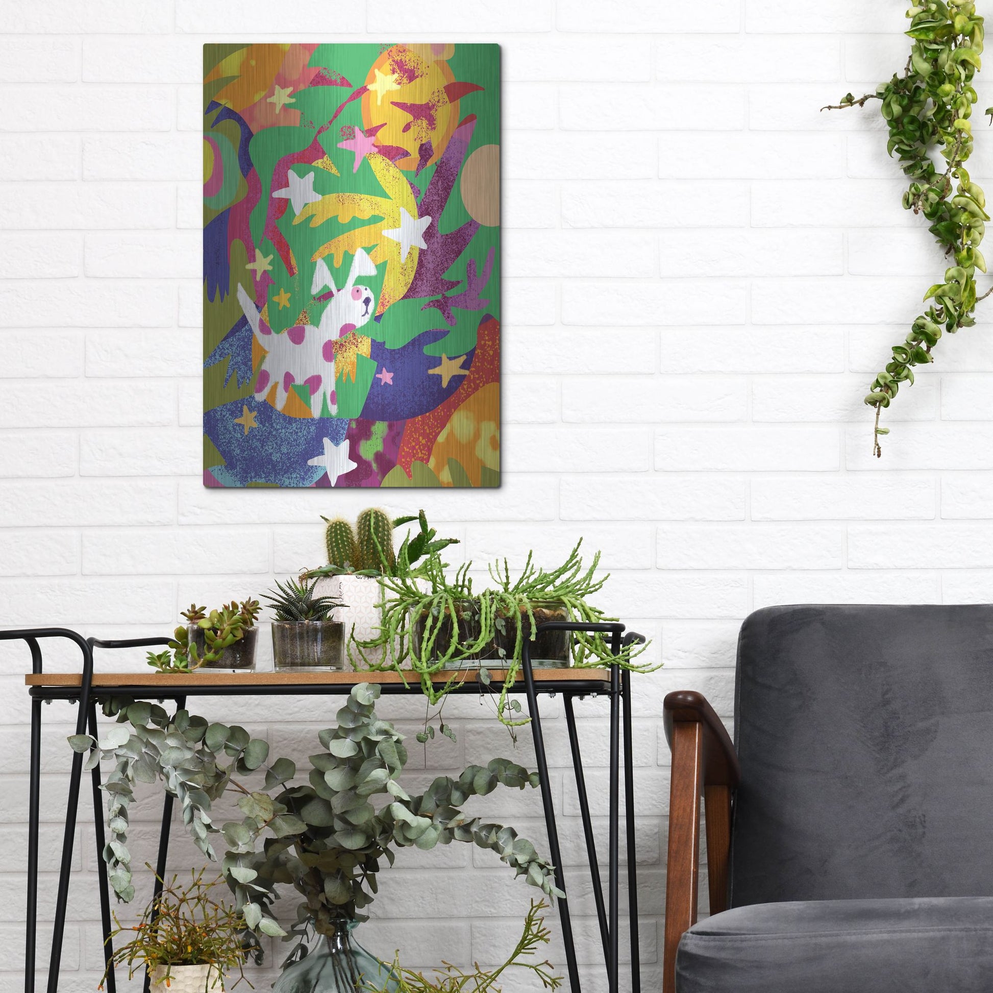 Luxe Metal Art 'Dog And Stars With Abstract Background' by Holly McGee, Metal Wall Art,12x16