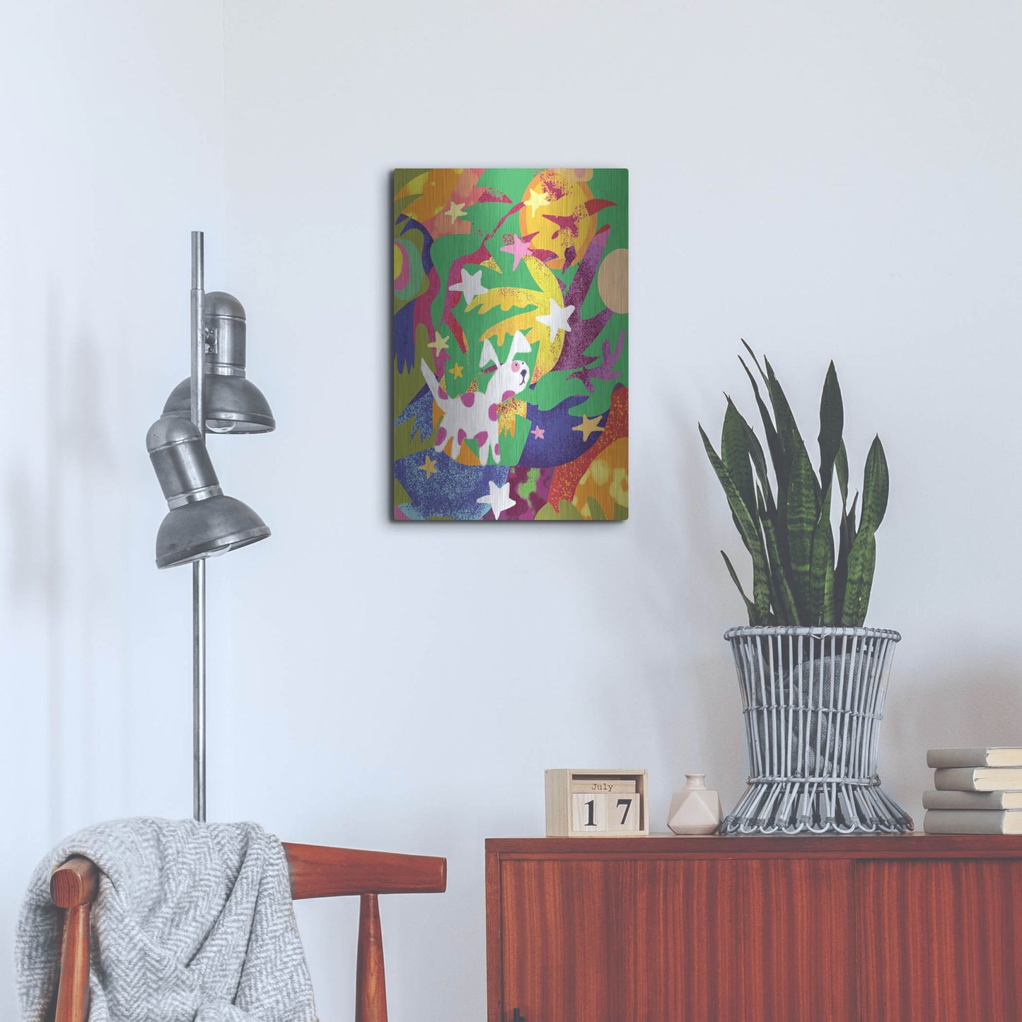 Luxe Metal Art 'Dog And Stars With Abstract Background' by Holly McGee, Metal Wall Art,16x24