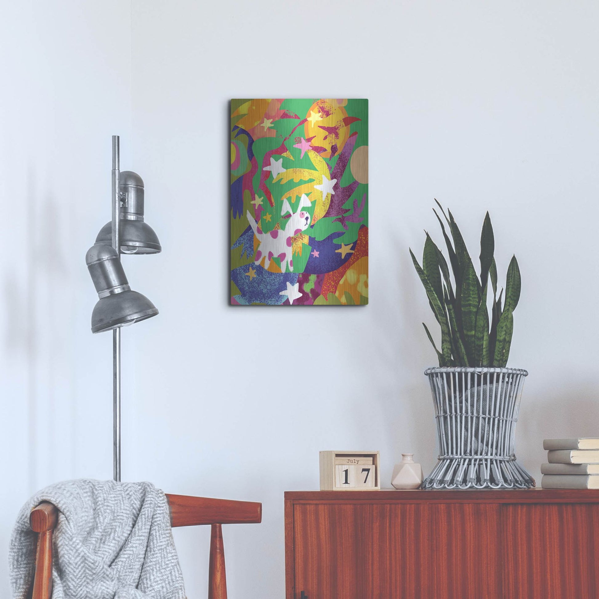 Luxe Metal Art 'Dog And Stars With Abstract Background' by Holly McGee, Metal Wall Art,16x24