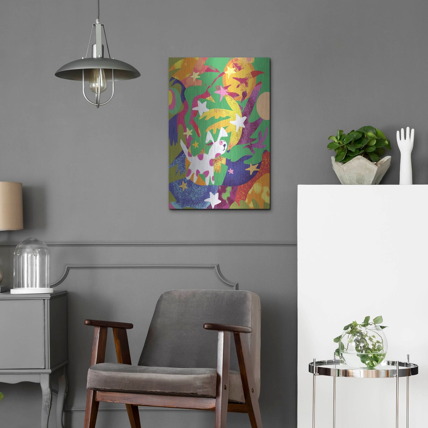 Luxe Metal Art 'Dog And Stars With Abstract Background' by Holly McGee, Metal Wall Art,16x24