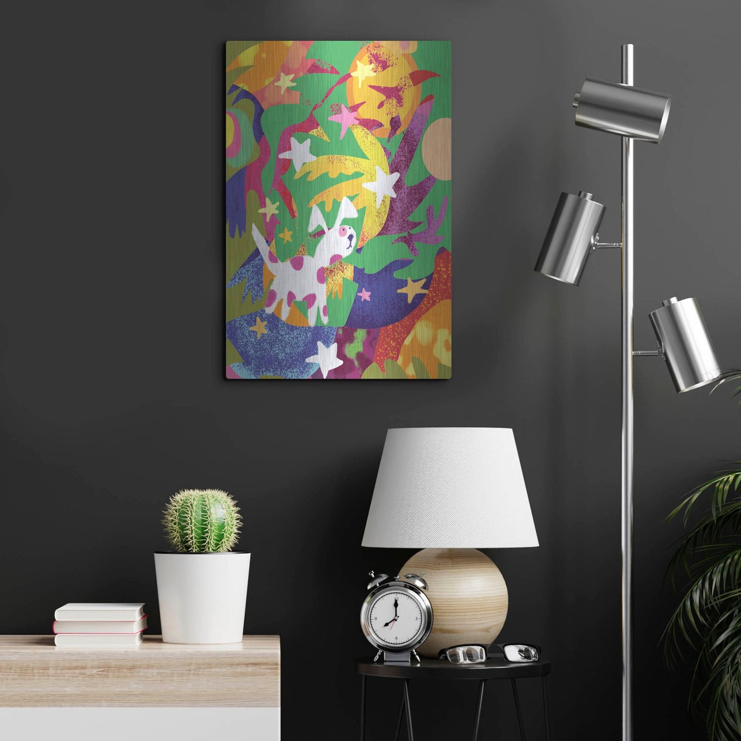 Luxe Metal Art 'Dog And Stars With Abstract Background' by Holly McGee, Metal Wall Art,16x24