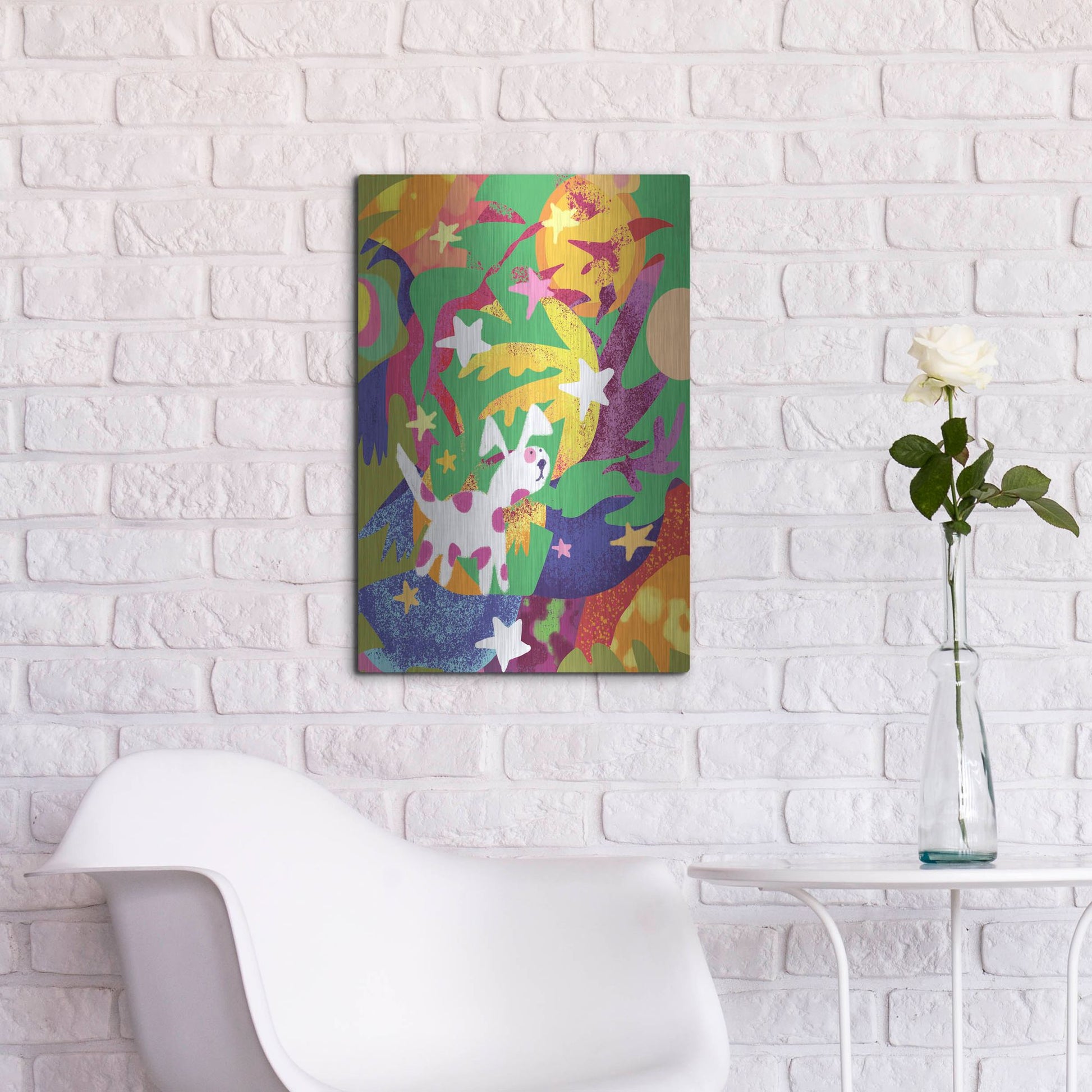 Luxe Metal Art 'Dog And Stars With Abstract Background' by Holly McGee, Metal Wall Art,16x24